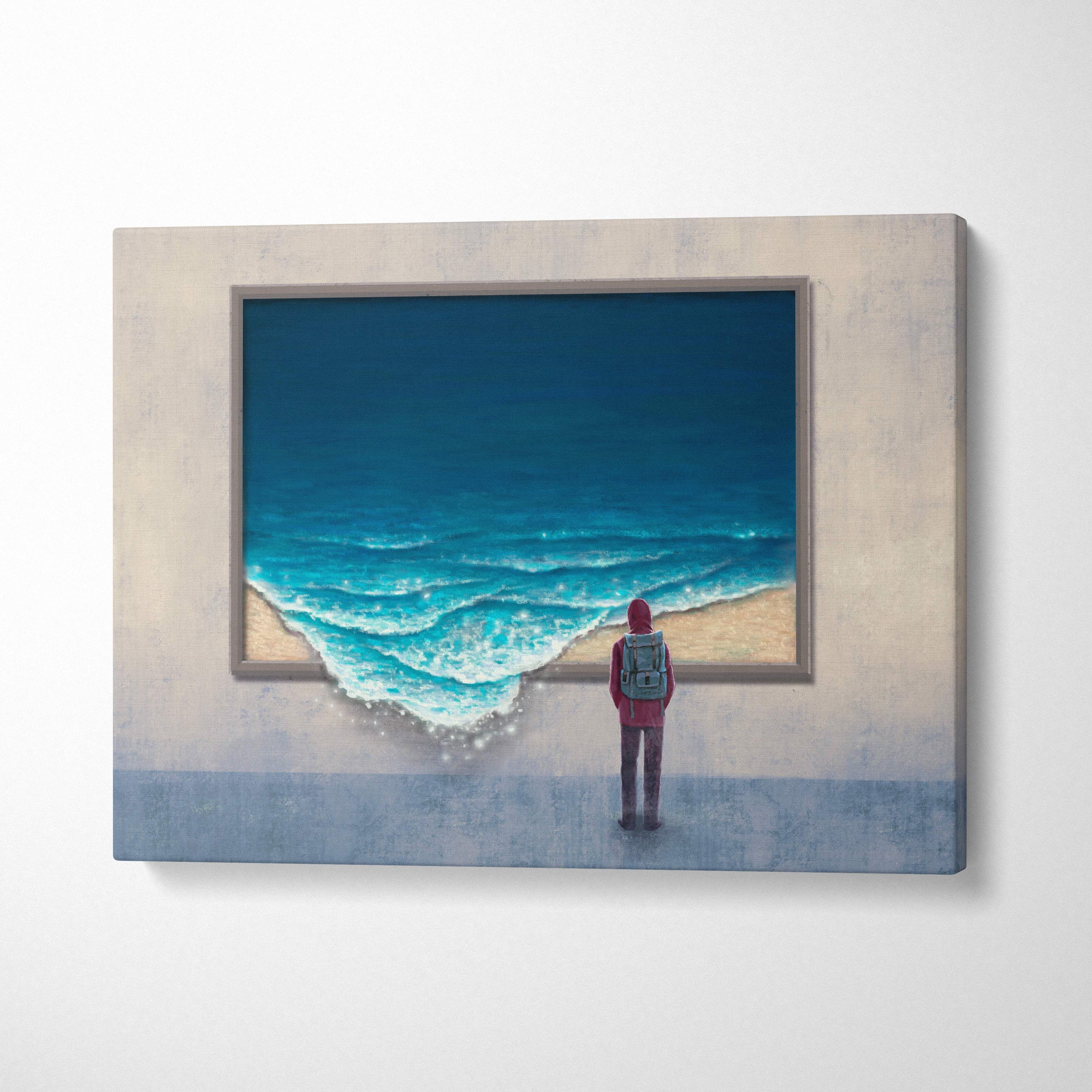 A framed contemporary ocean window canvas wall art featuring a solitary red figure by blue waves on textured acrylic