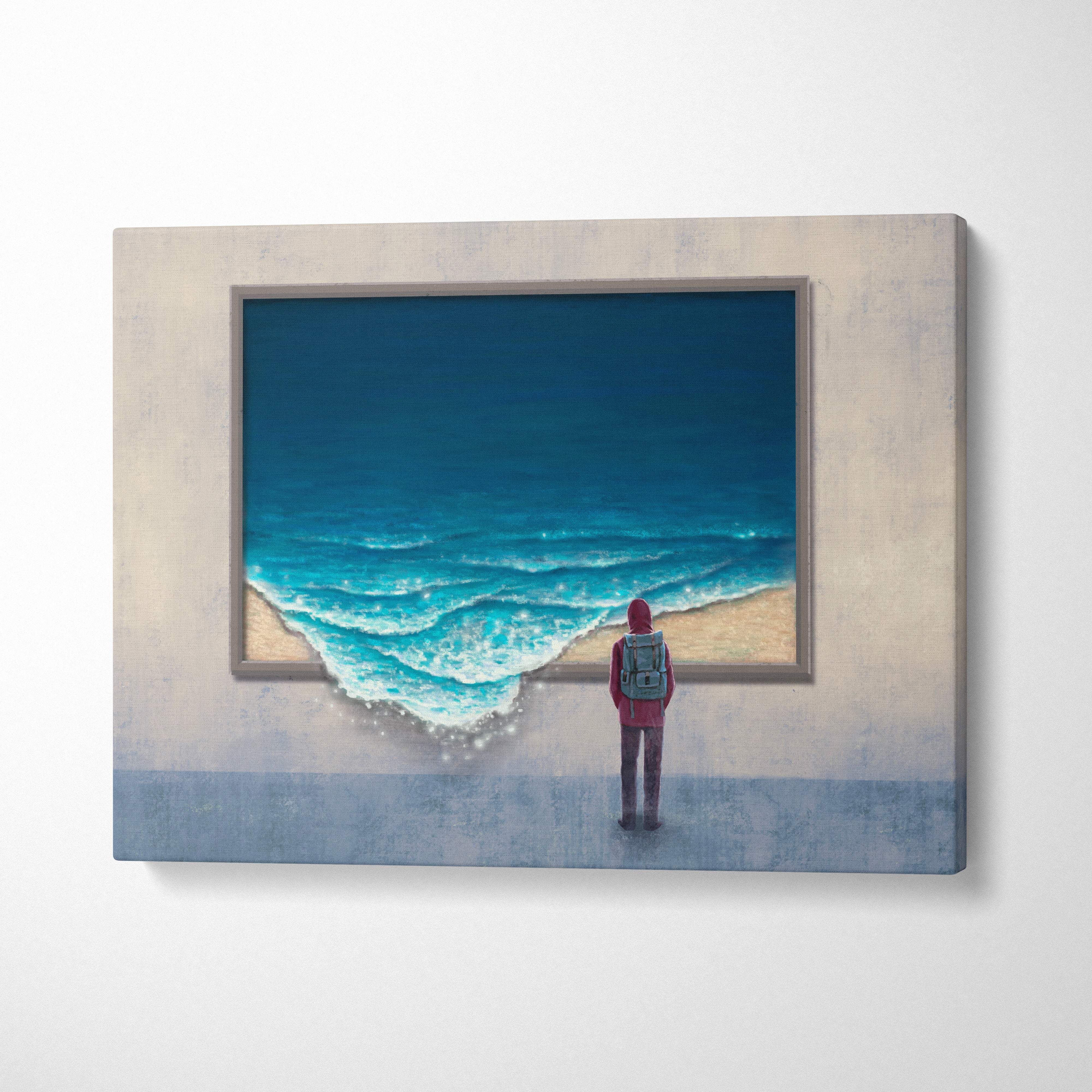 A framed contemporary ocean window canvas wall art featuring a solitary red figure by blue waves on textured acrylic