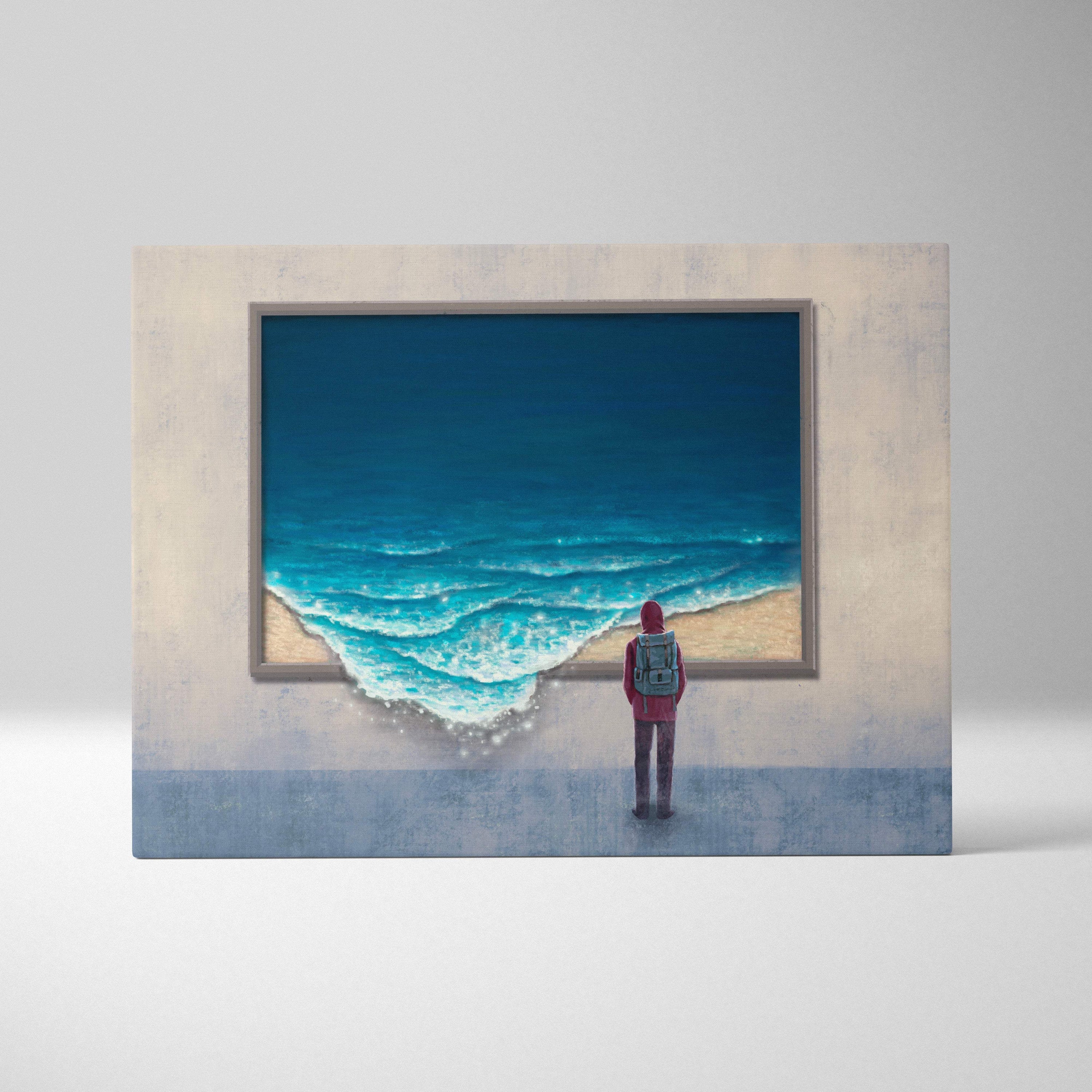 A framed contemporary ocean window canvas wall art with a lone red figure before crashing blue waves on canvas