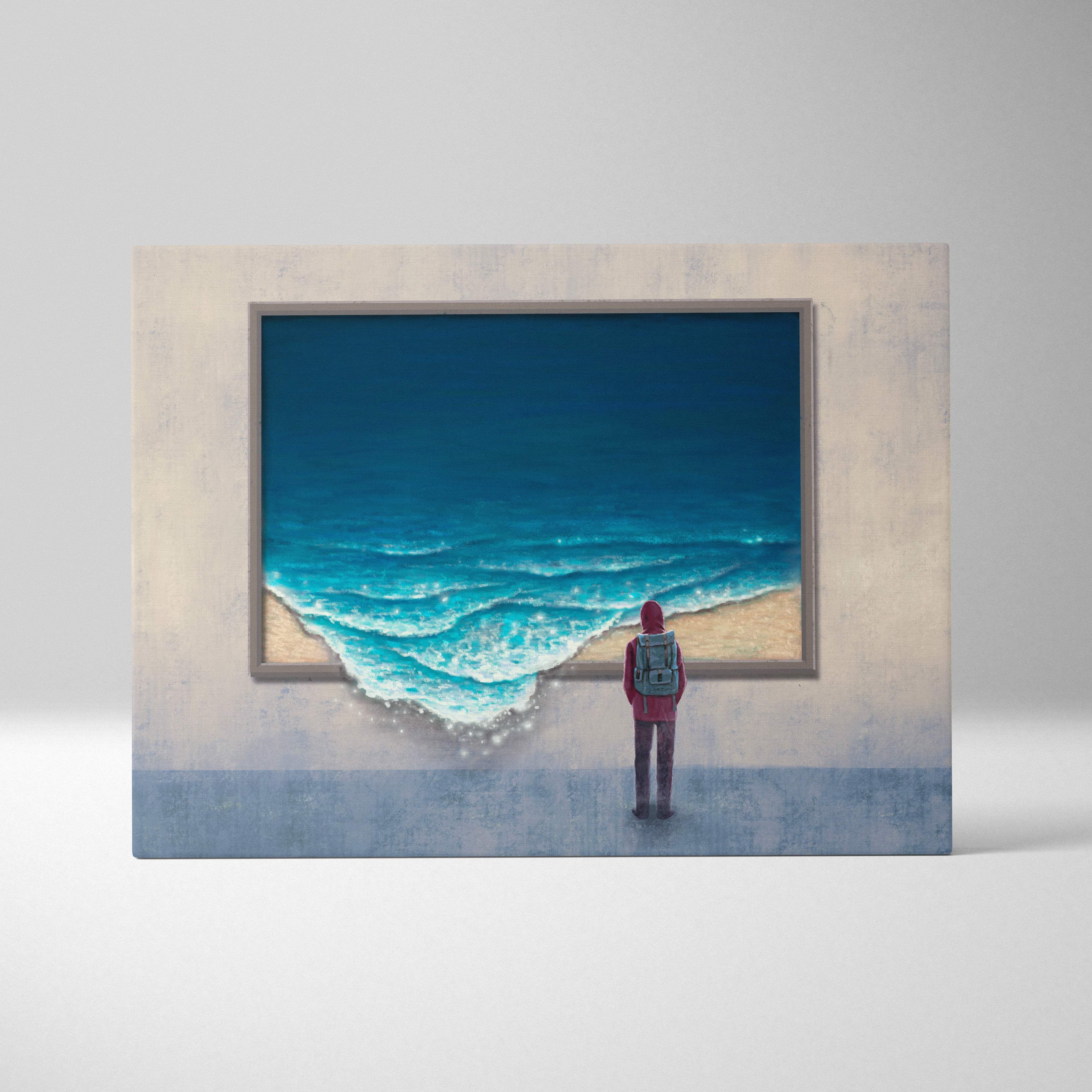 A framed contemporary ocean window canvas wall art with a lone red figure before crashing blue waves on canvas