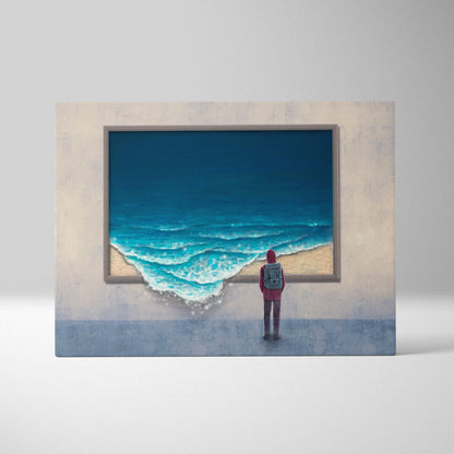 A framed contemporary ocean window canvas wall art with a lone red figure before crashing blue waves on canvas