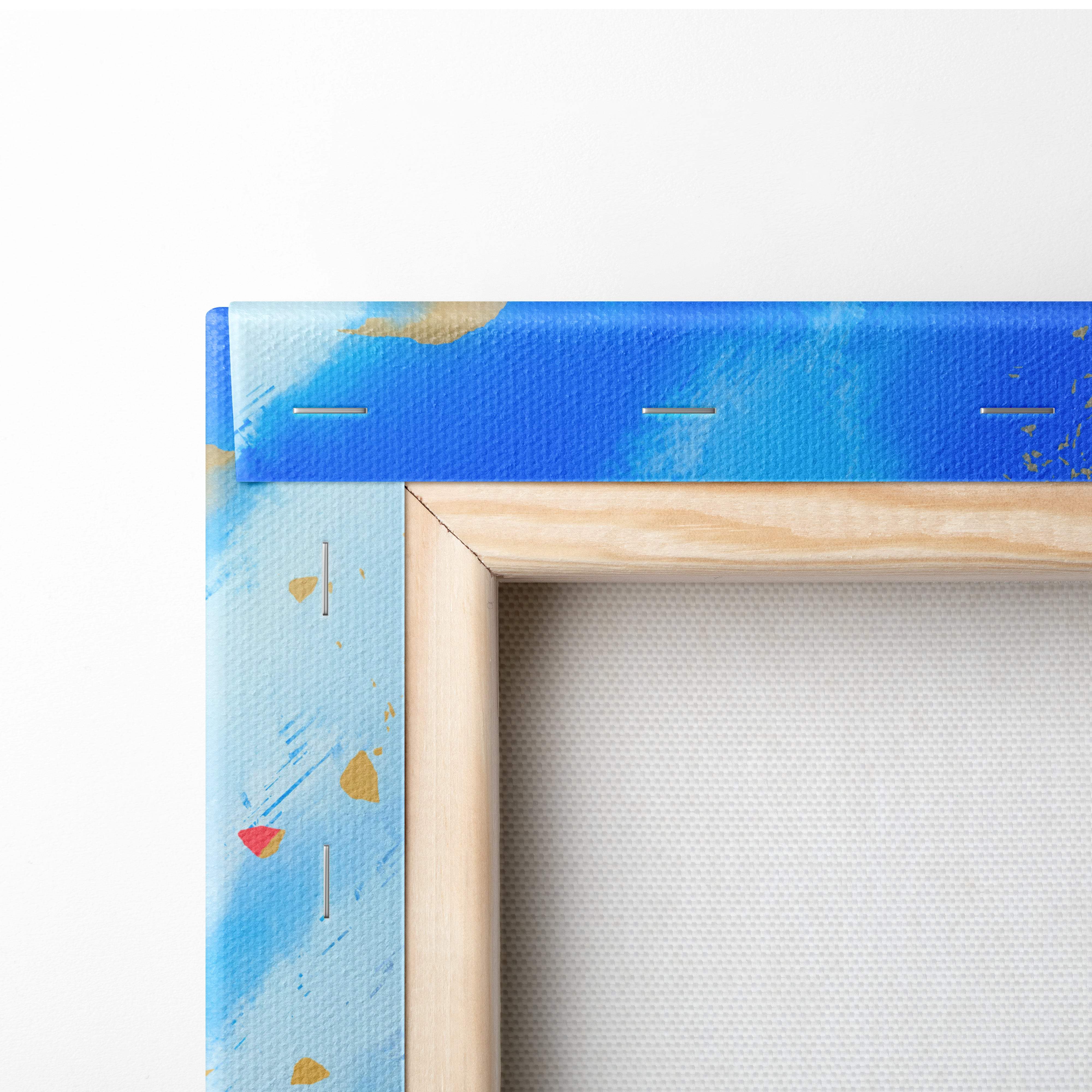 Blue and gold abstract canvas painting with natural wood frame featuring vibrant fantasy castle landscape decor