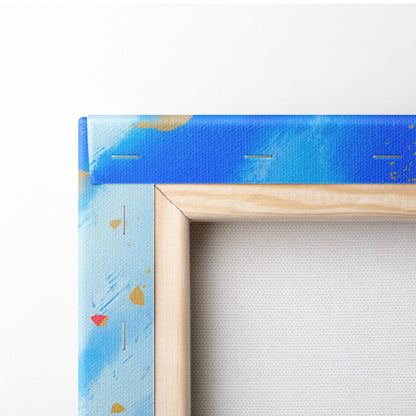 Blue and gold abstract canvas painting with natural wood frame featuring vibrant fantasy castle landscape decor