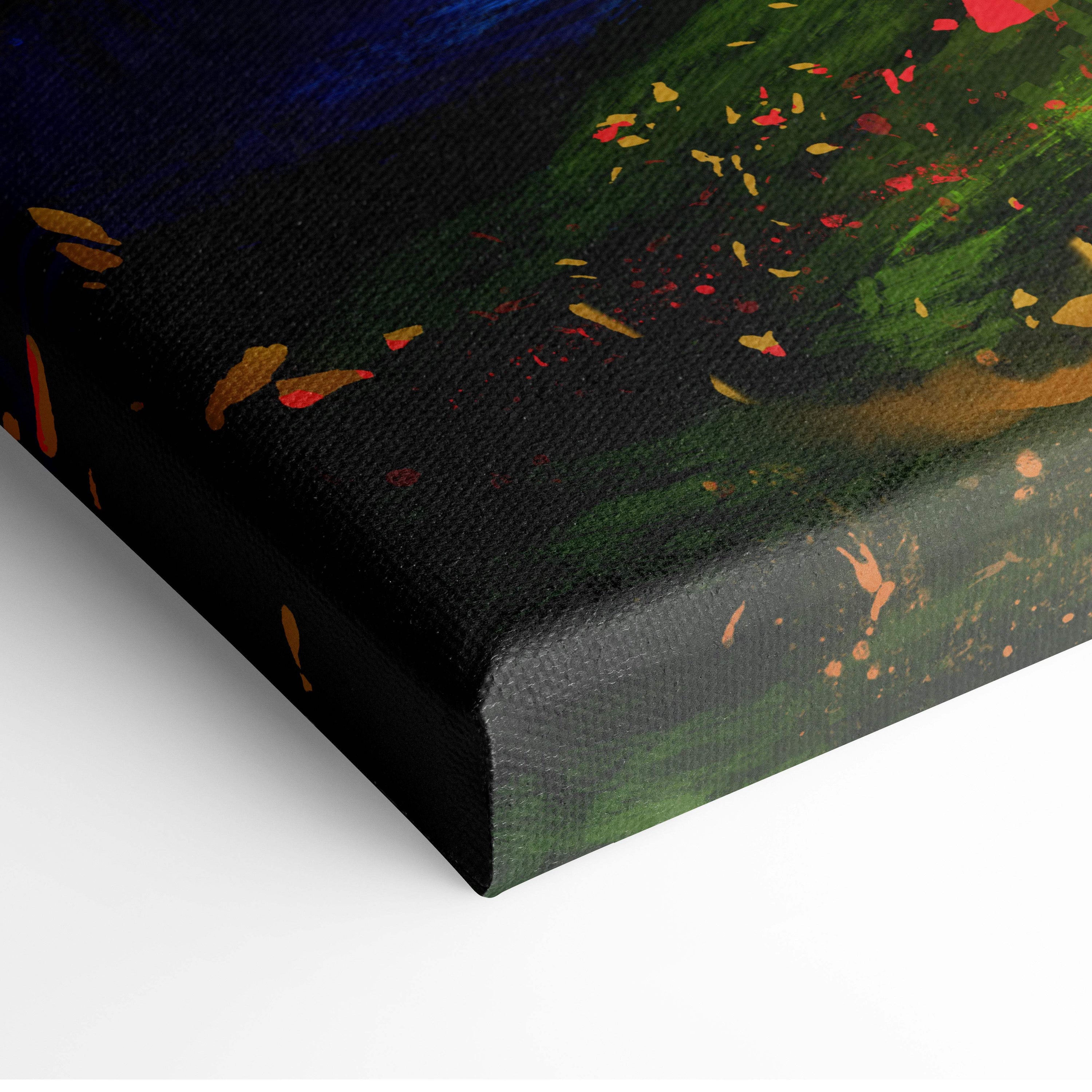 Vibrant fantasy castle landscape colorful abstract brushstroke canvas wall decor with green red and gold textured details