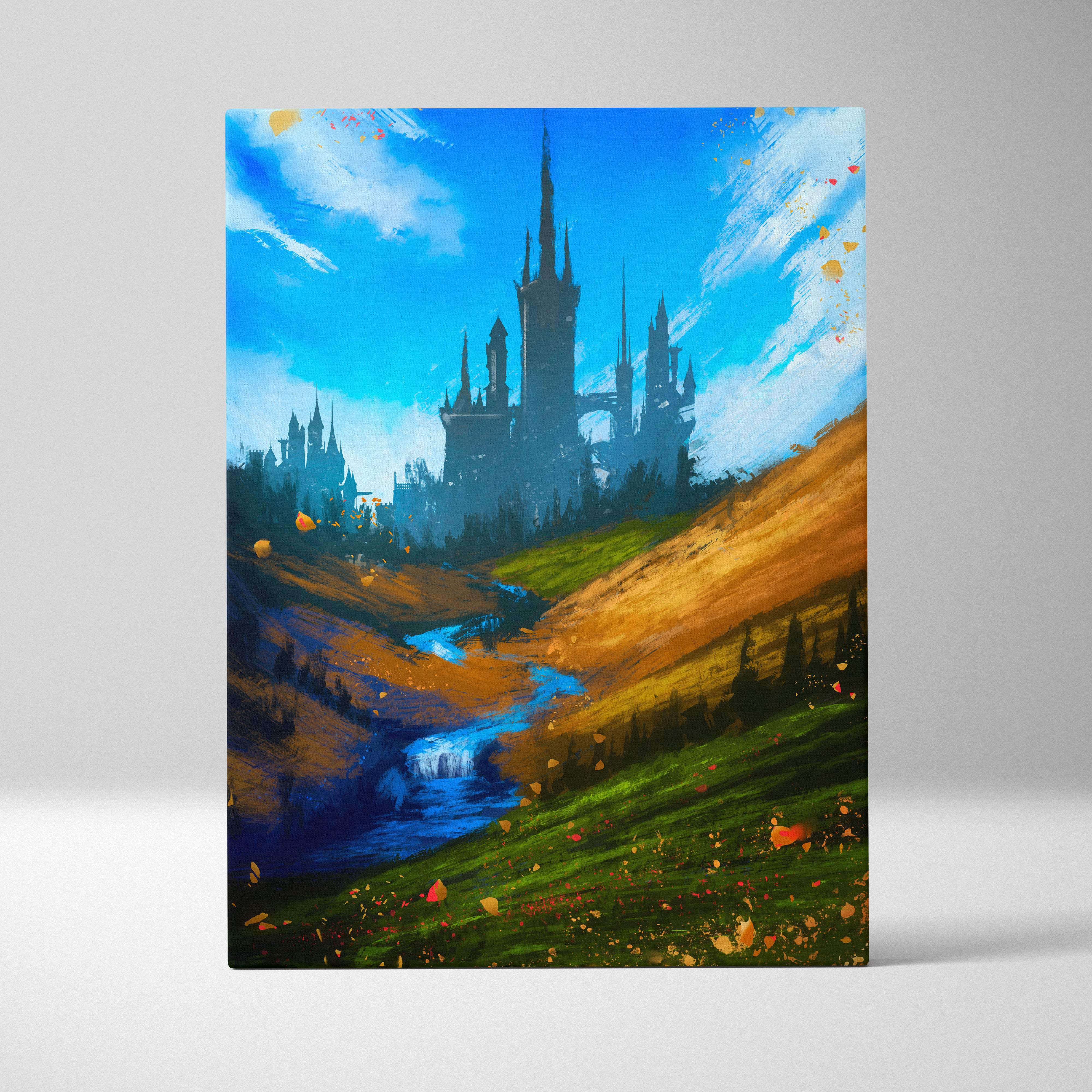 Vibrant fantasy castle landscape colorful abstract brushstroke painting with blue sky golden hills and winding river wall decor