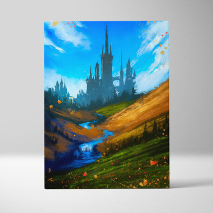 Vibrant fantasy castle landscape colorful abstract brushstroke painting with blue sky golden hills and winding river wall decor