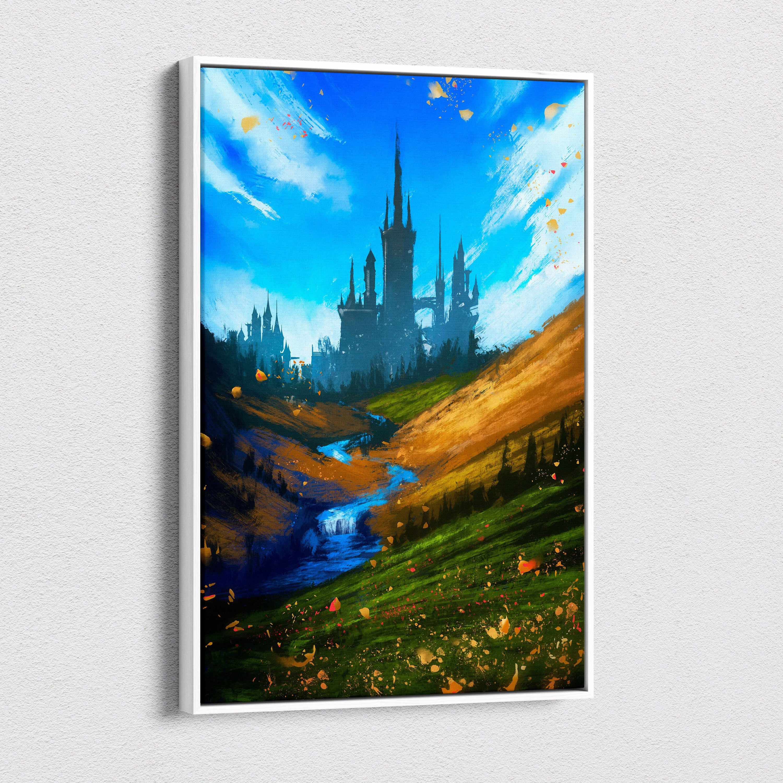 A framed canvas print of a vibrant fantasy castle landscape with blue sky golden hills and a winding river wall decor