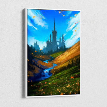 A framed canvas print of a vibrant fantasy castle landscape with blue sky golden hills and a winding river wall decor