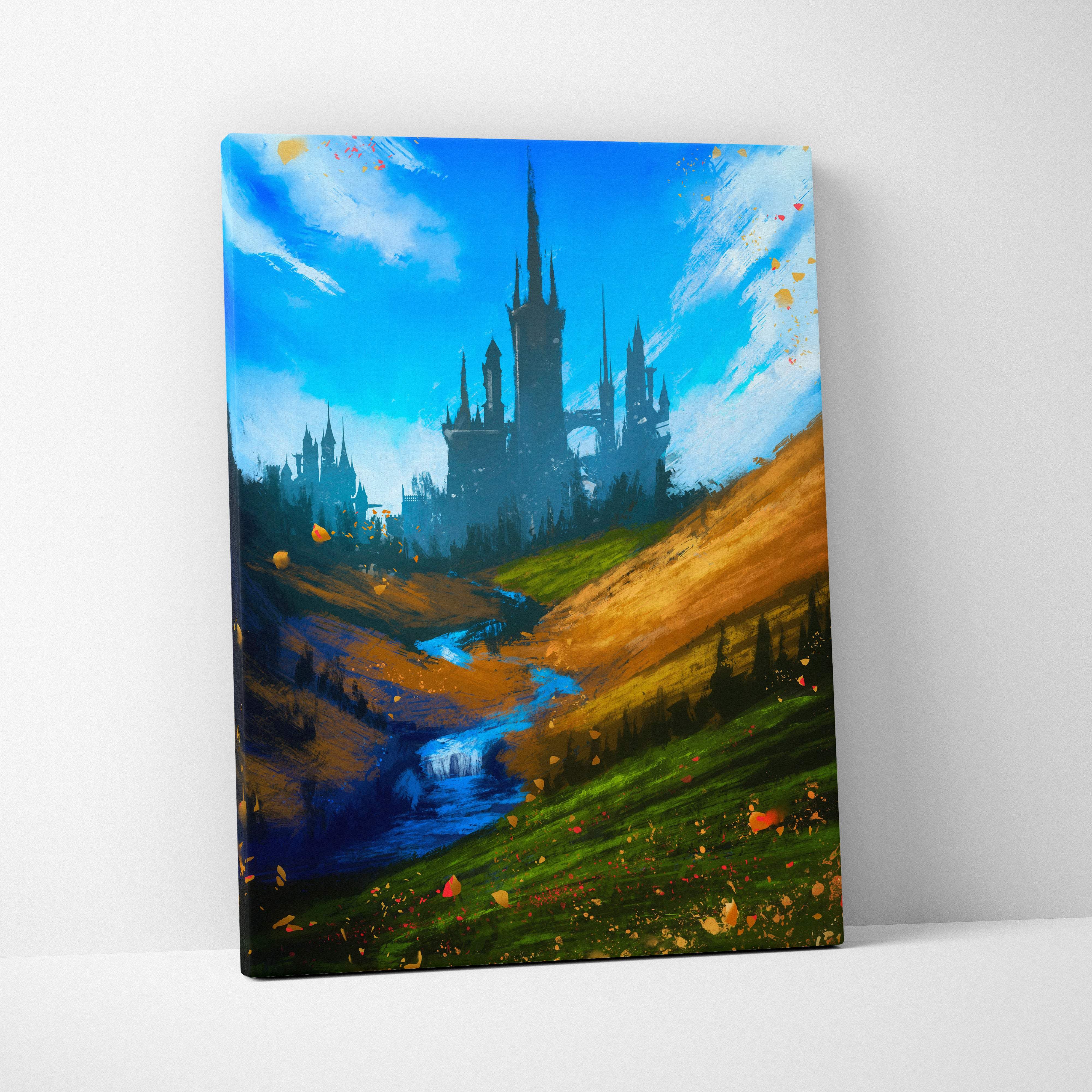 Vibrant fantasy castle landscape canvas print with bold brushstrokes of a blue sky green hills and winding river