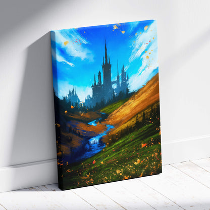 Vibrant fantasy castle landscape canvas print with colorful brushstroke art blue sky golden hills and a winding stream
