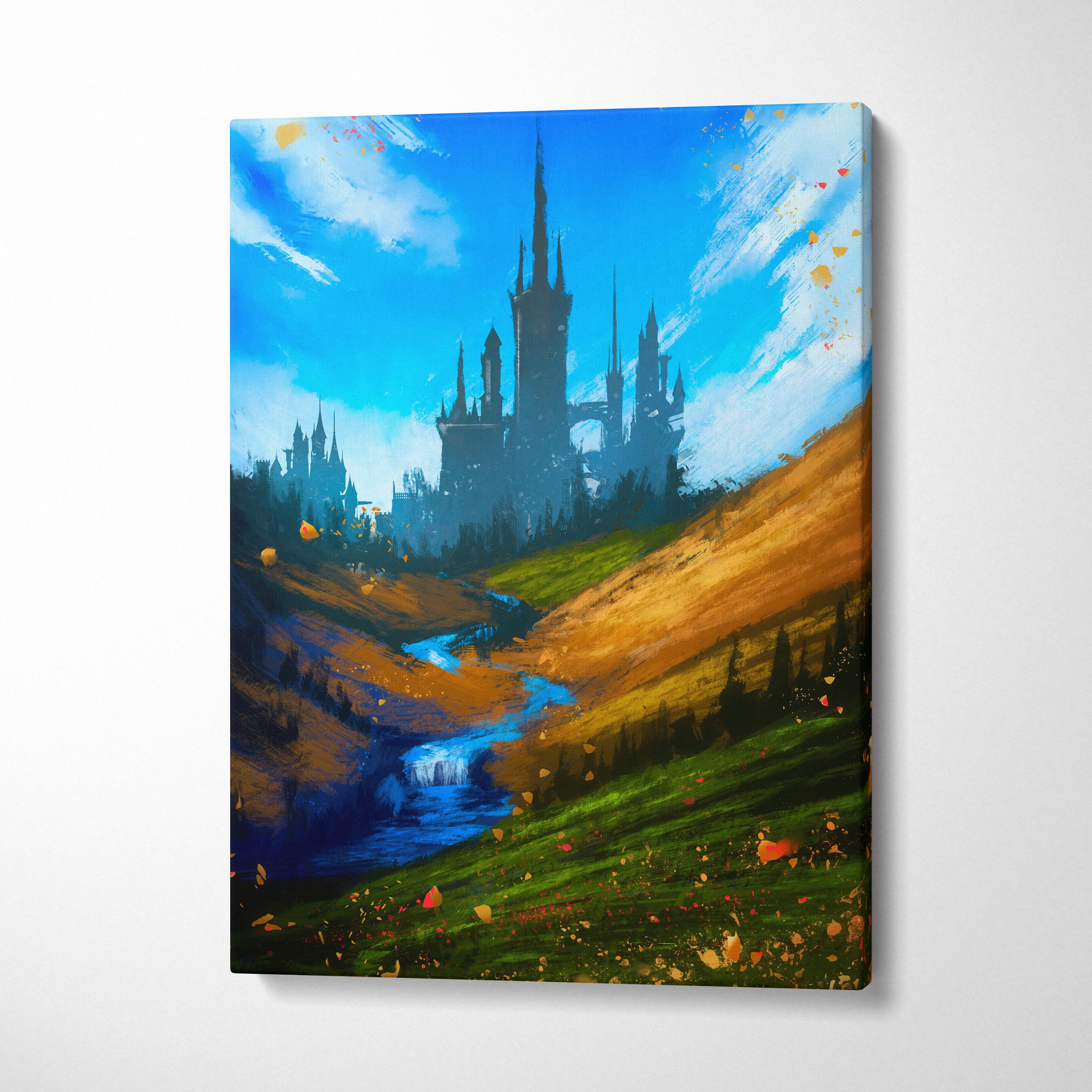 Vibrant fantasy castle landscape colorful abstract brushstroke canvas art with blue sky golden hills and river wall decor