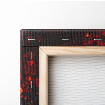 Fiery autumn landscape canvas art with vibrant red black and orange abstract design framed in light wood for wall decor