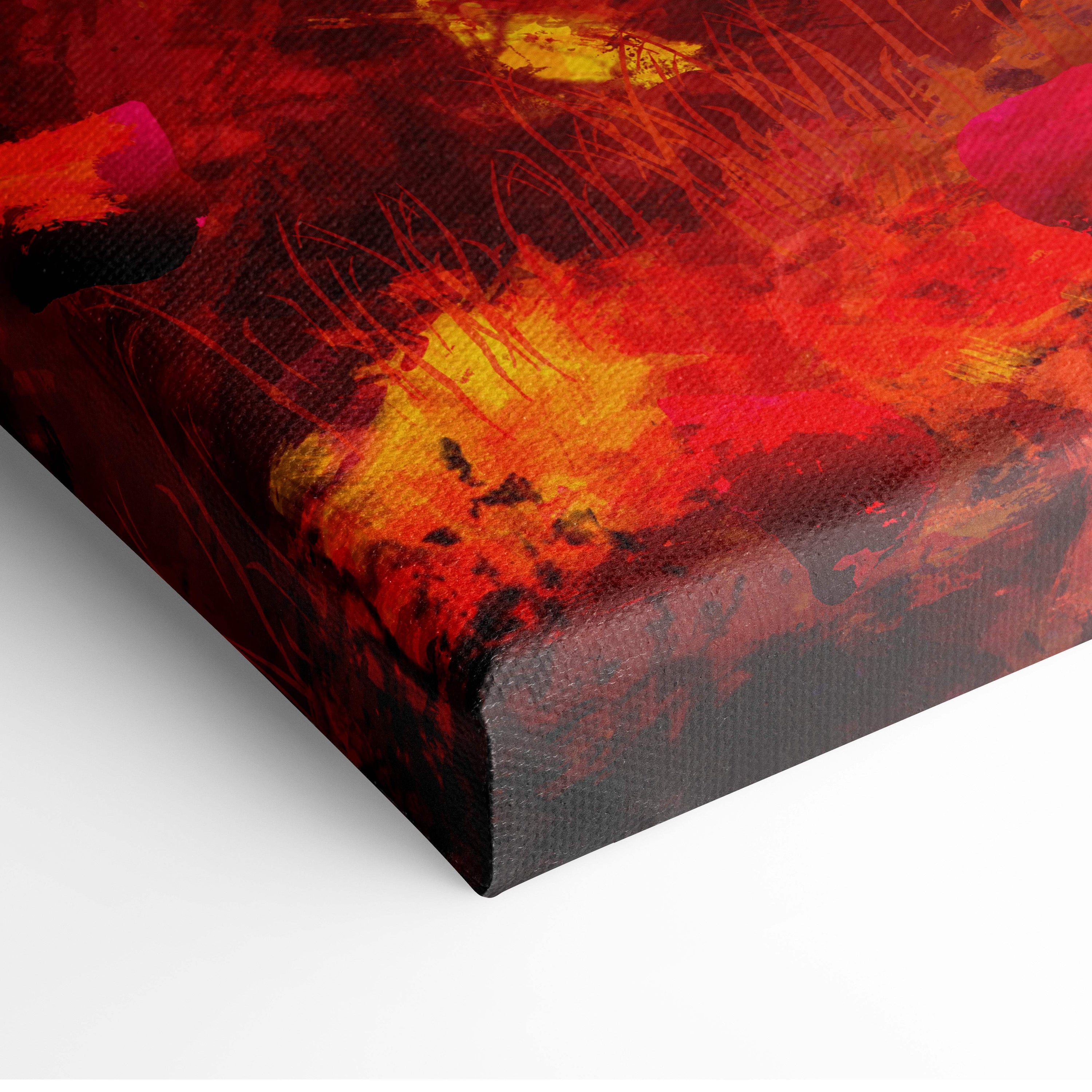 A vibrant abstract canvas painting with bold red orange and yellow brushstrokes on a dark background for wall decor
