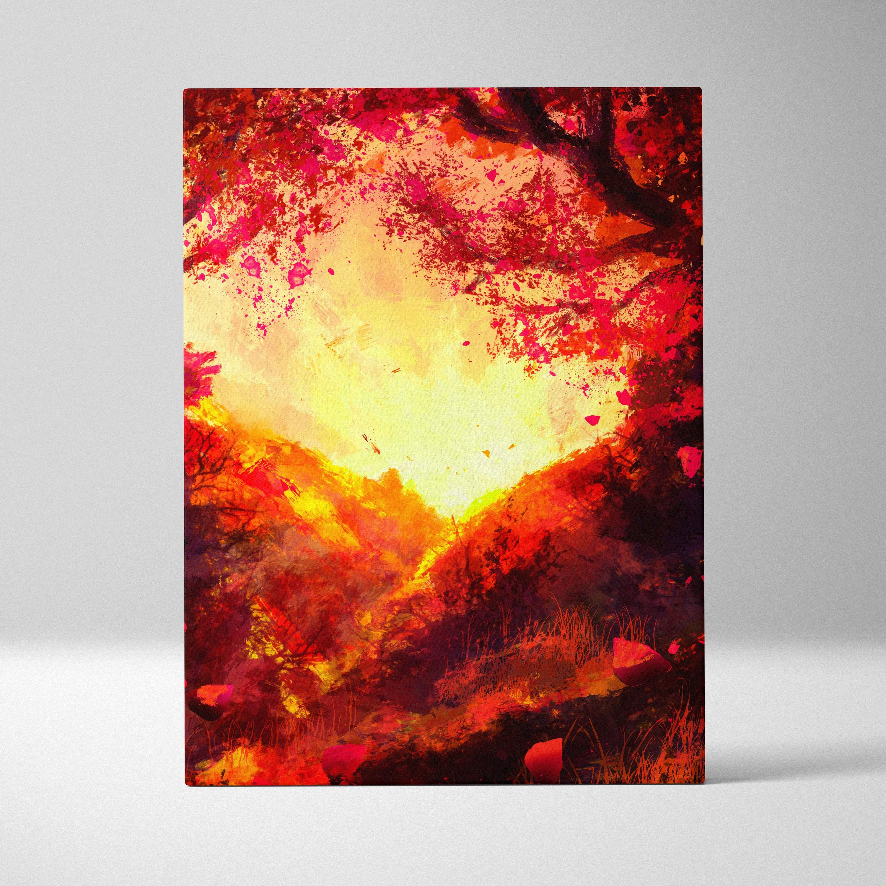 Fiery autumn landscape canvas art with vibrant red orange gold forest sunset featuring a heart-shaped valley