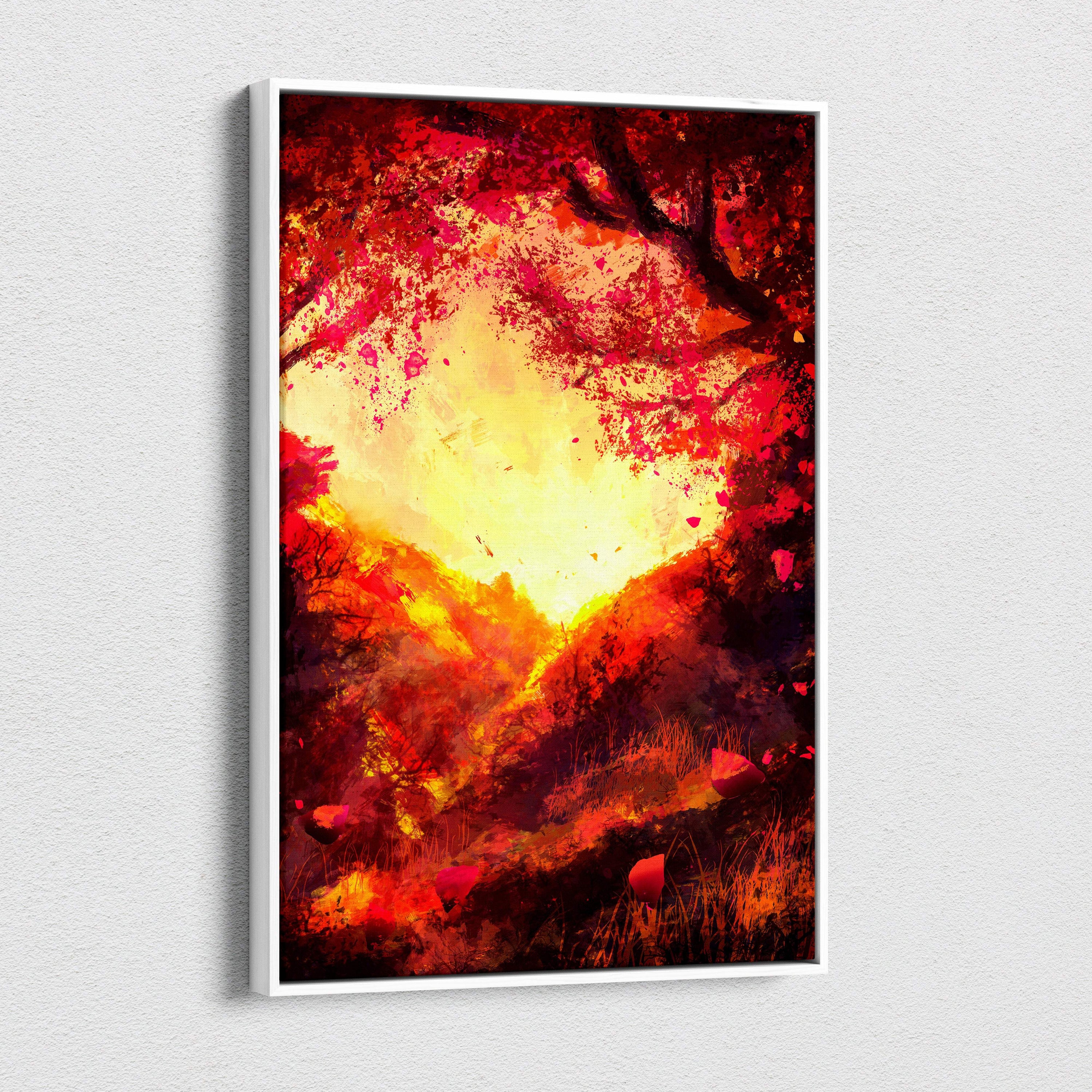 A framed canvas painting of a fiery autumn landscape with vibrant red orange and gold abstract heart shape