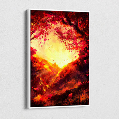 A framed canvas painting of a fiery autumn landscape with vibrant red orange and gold abstract heart shape