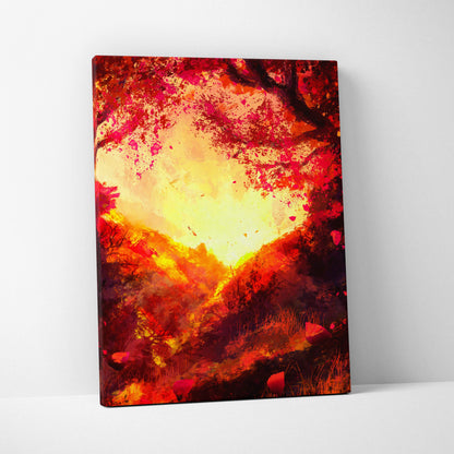 Fiery autumn landscape canvas art featuring vibrant red orange and gold abstract impressionist forest sunset print