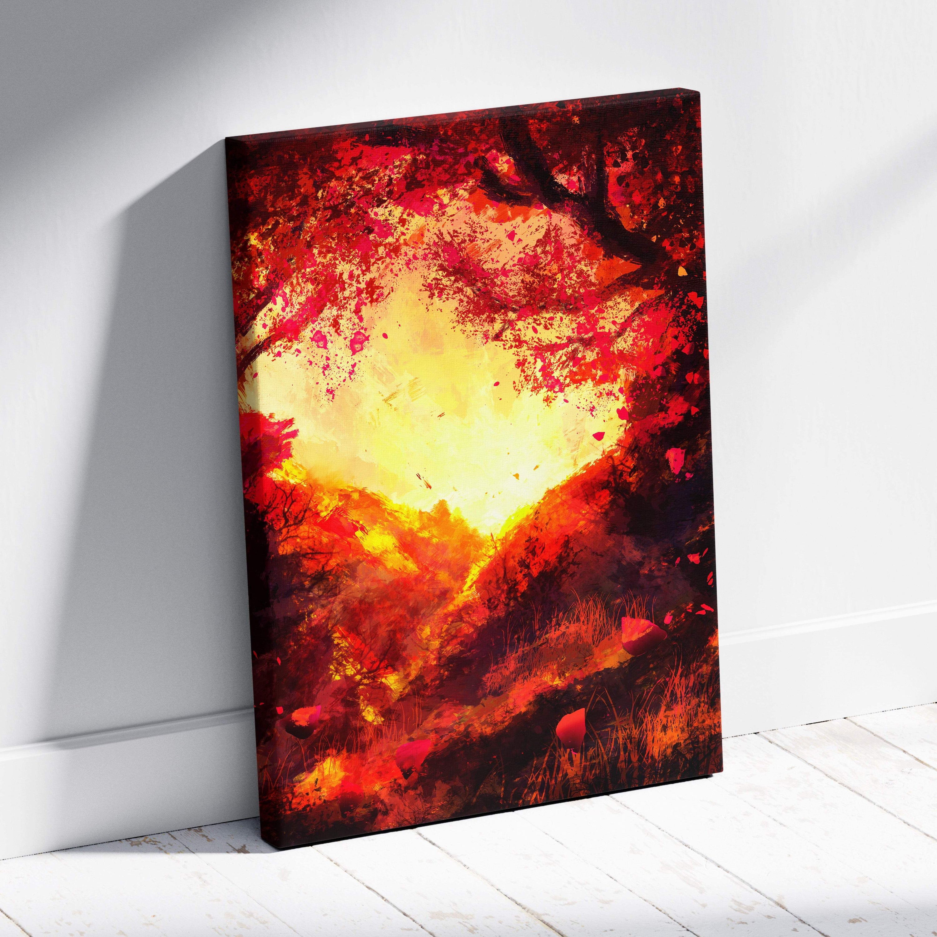 Vibrant red and orange canvas art depicting a fiery autumn forest sunset in abstract impressionist style wall decor