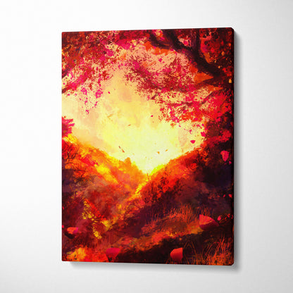 Vibrant red and orange canvas print depicting a fiery autumn landscape with falling leaves for warm wall decor