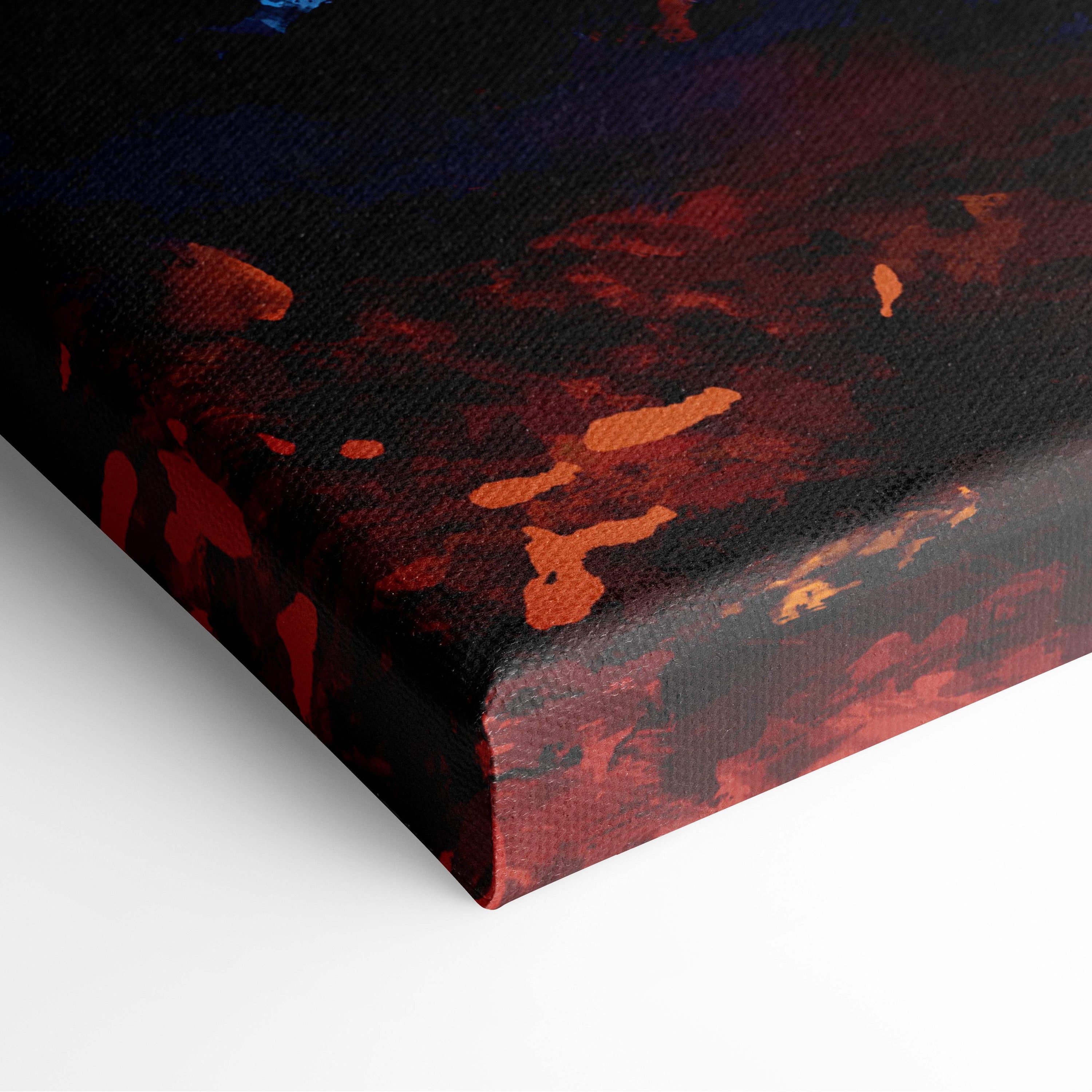 Textured canvas print with dramatic abstract design in deep reds oranges and dark blues for enchanted bedroom decor