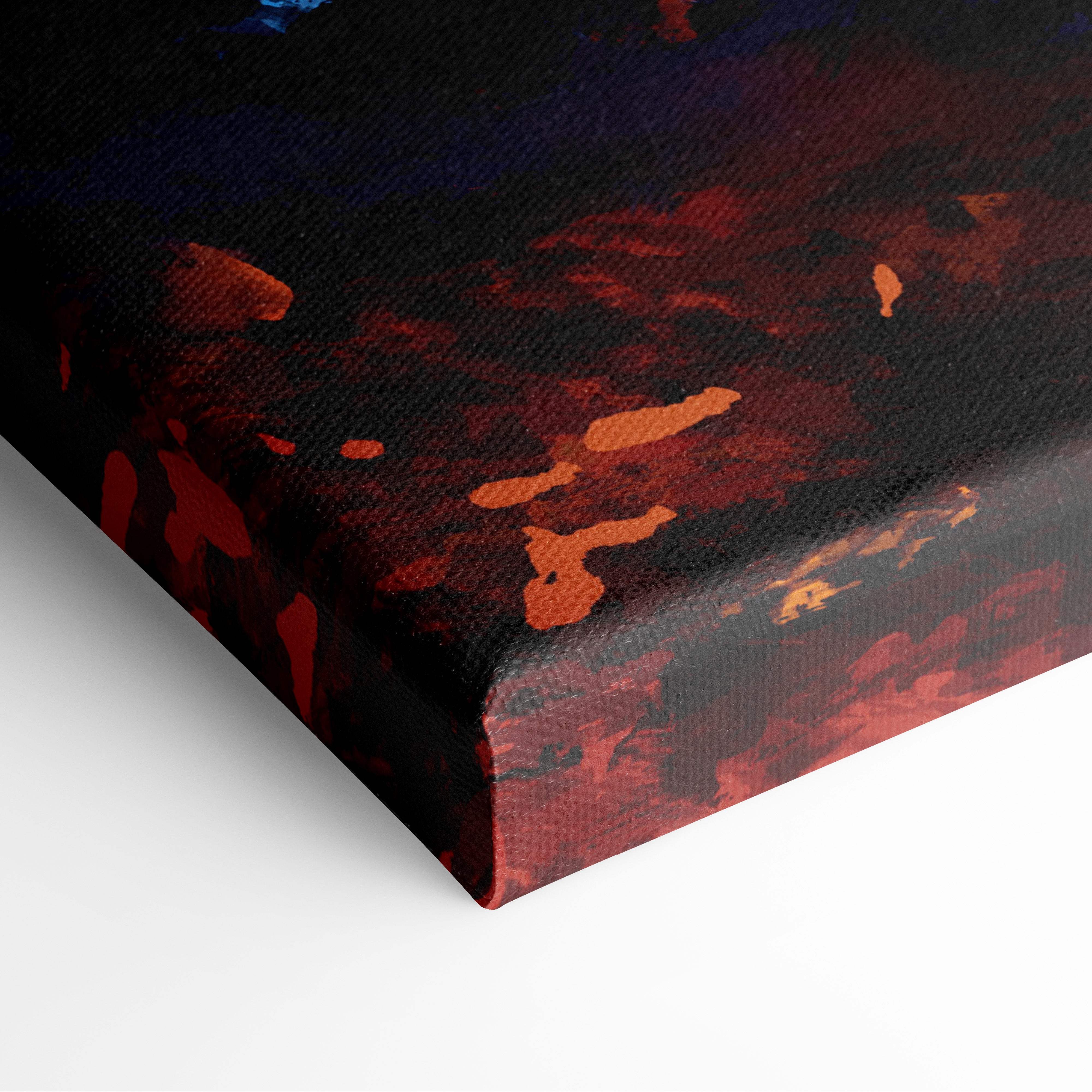 Textured canvas print with dramatic abstract design in deep reds oranges and dark blues for enchanted bedroom decor