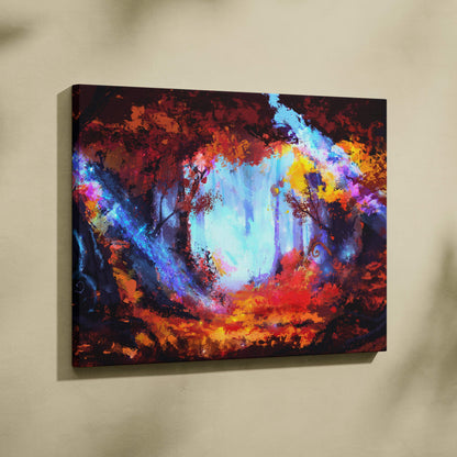 Vibrant fantasy forest canvas wall art print with bold red orange blue and purple strokes for enchanted bedroom decor