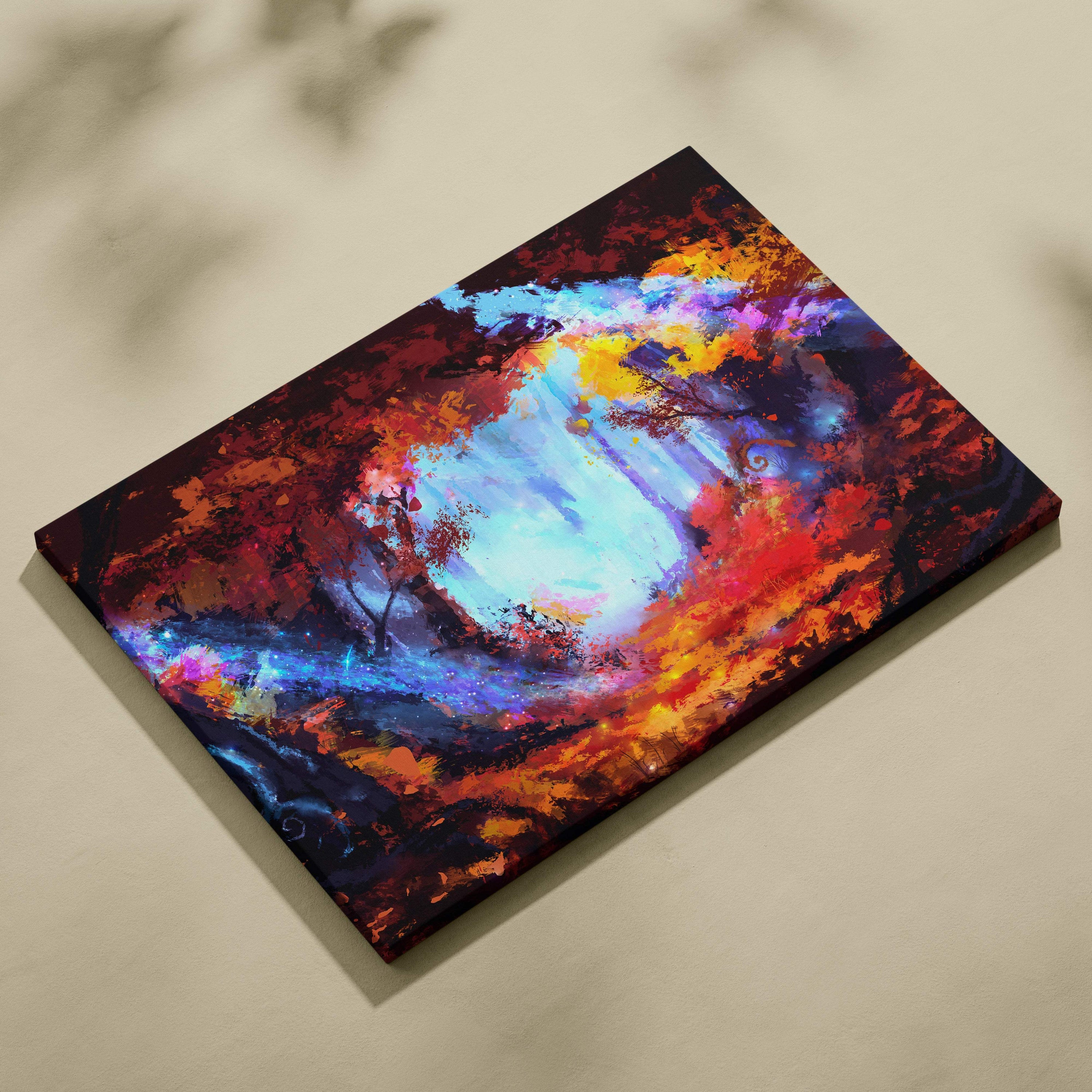 Vibrant fantasy forest canvas wall art print featuring swirling blues oranges and purples on a textured surface
