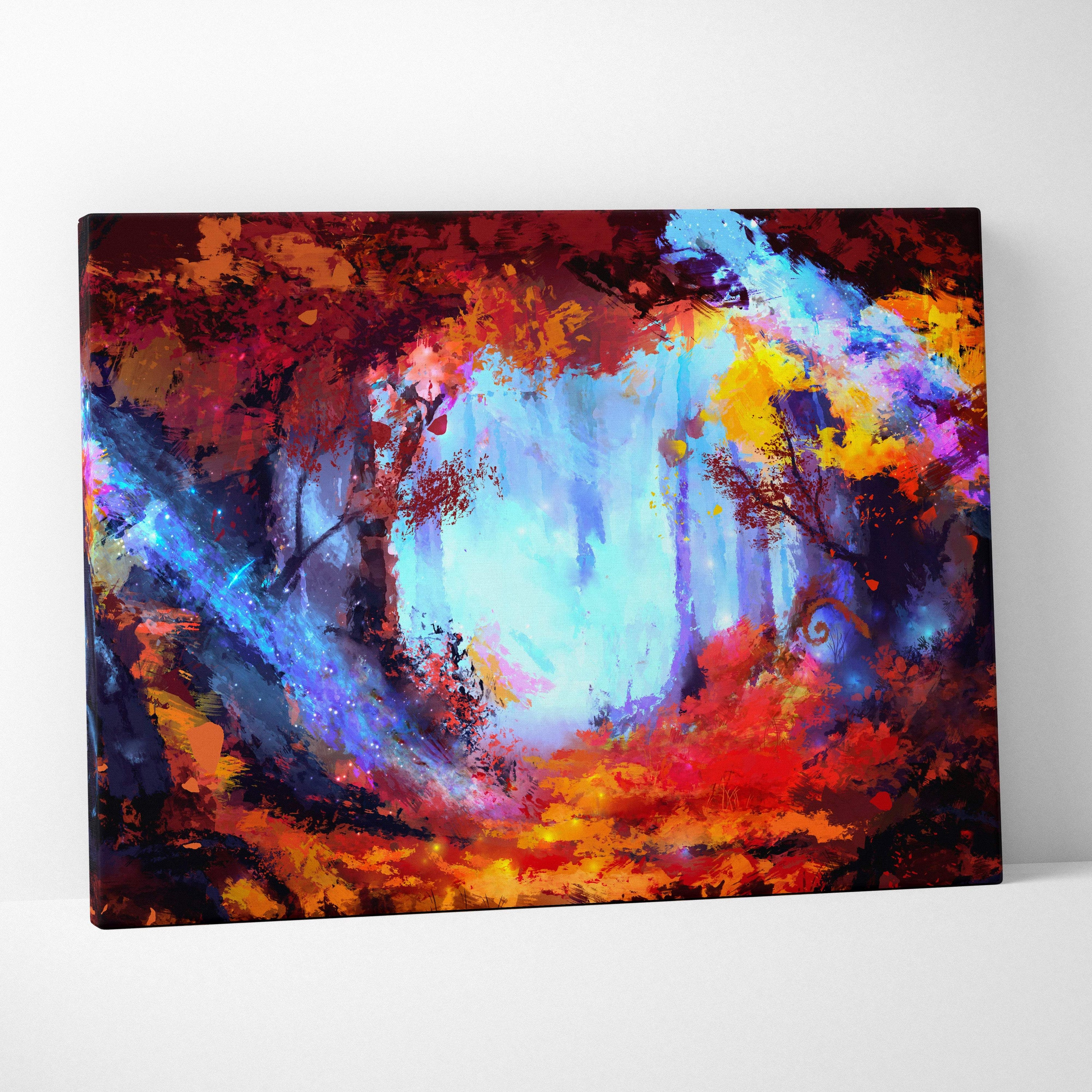 Vibrant fantasy forest canvas wall art print with swirling blues oranges and purples on stretched fabric surface