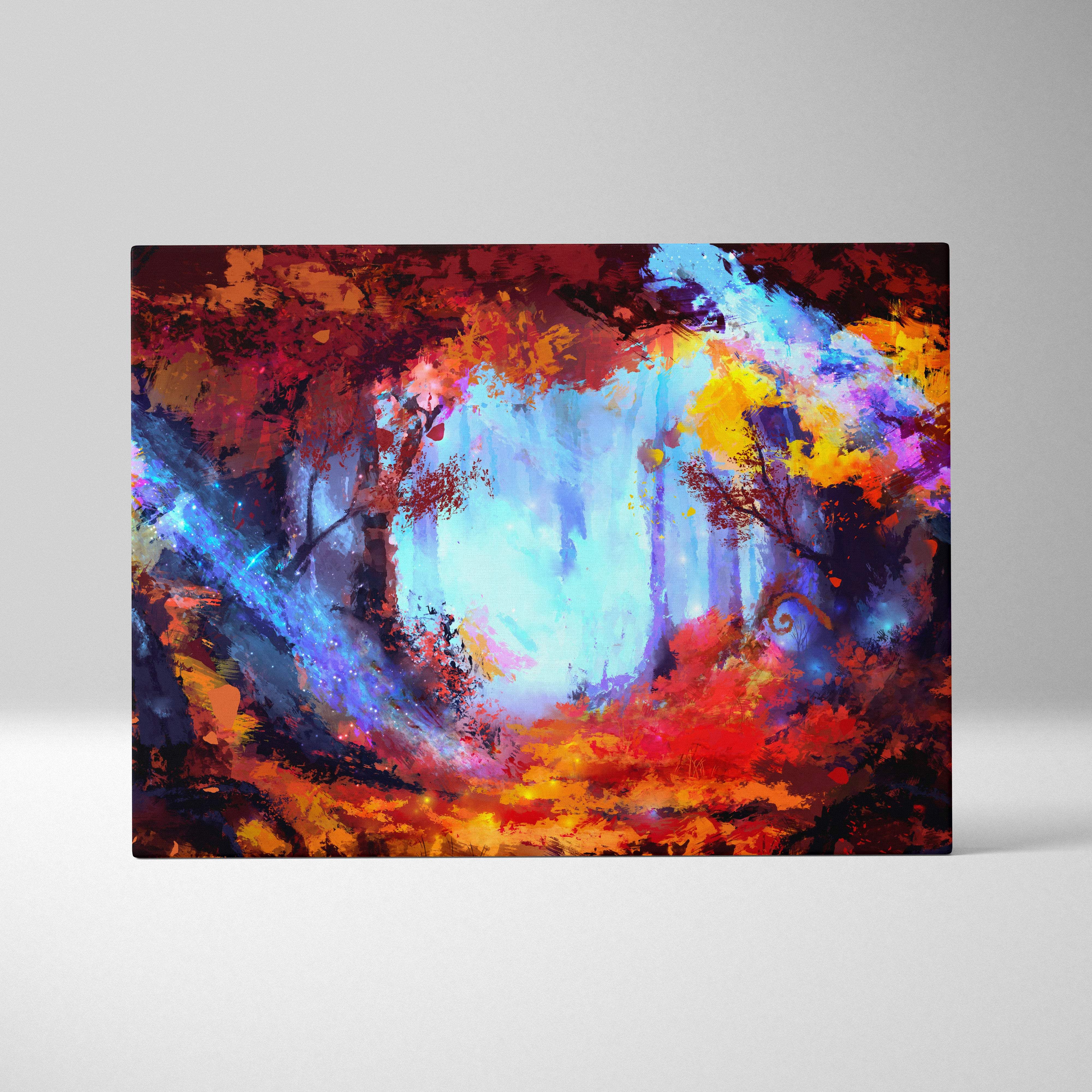 Vibrant fantasy forest canvas wall art print with bold red orange blue and purple strokes for enchanted bedroom decor
