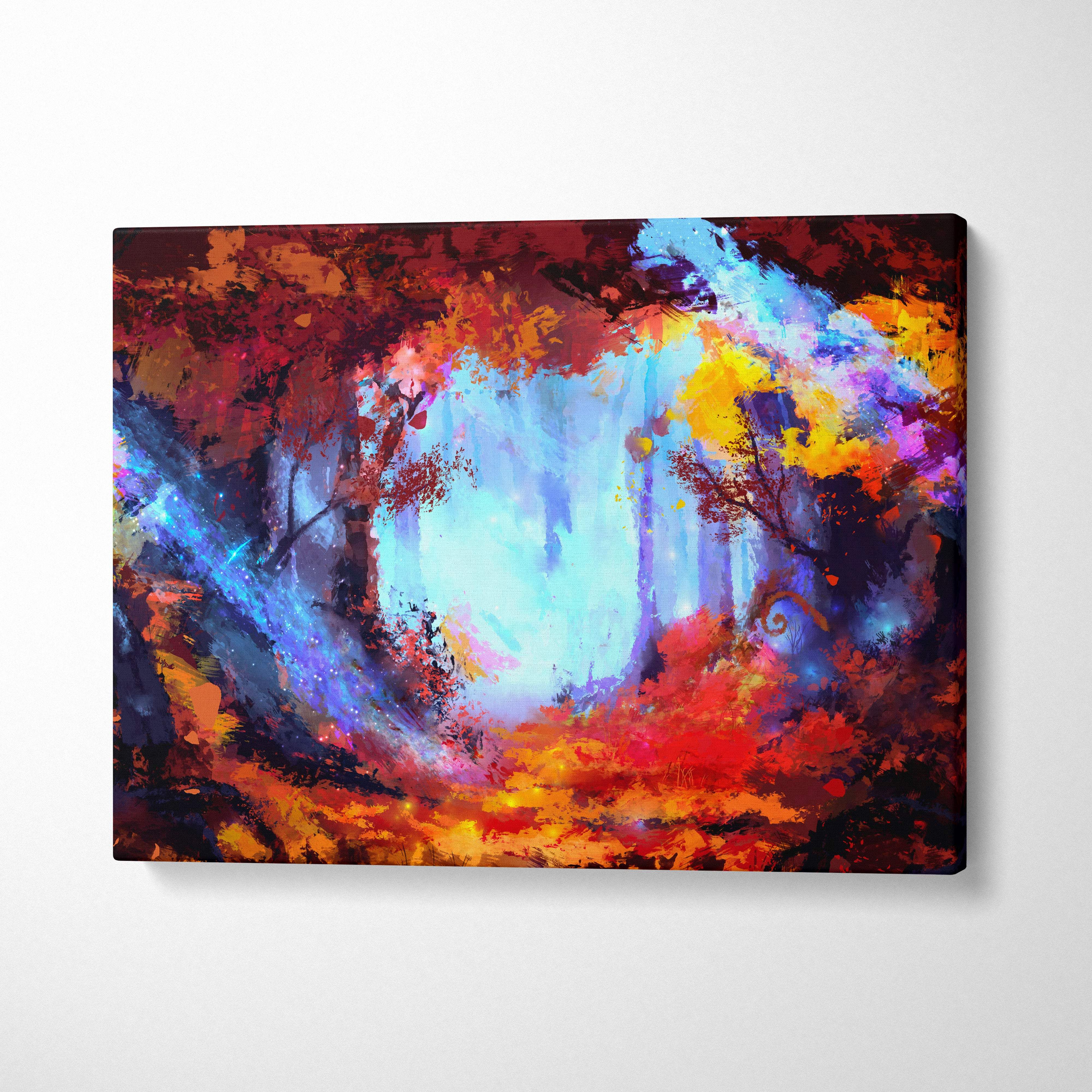 Vibrant fantasy forest canvas wall art print with bold red orange blue and purple brushstrokes for enchanted rooms