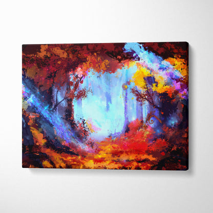 Vibrant fantasy forest canvas wall art print with bold red orange blue and purple brushstrokes for enchanted rooms