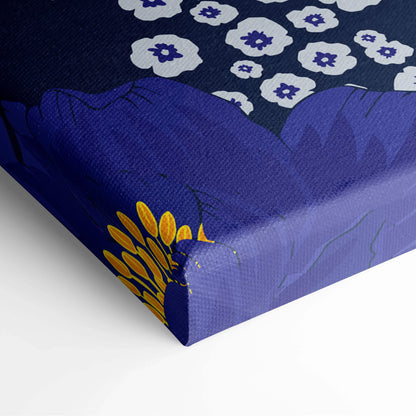 Blue peacock with golden feathers and vibrant red blue blossoms on navy canvas art