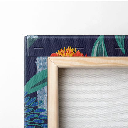 Bold floral canvas wall art with vibrant orange yellow blossoms on navy background