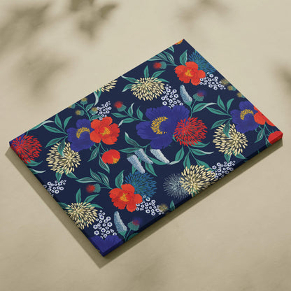 Bold floral navy canvas wall art with vibrant red purple gold blossoms