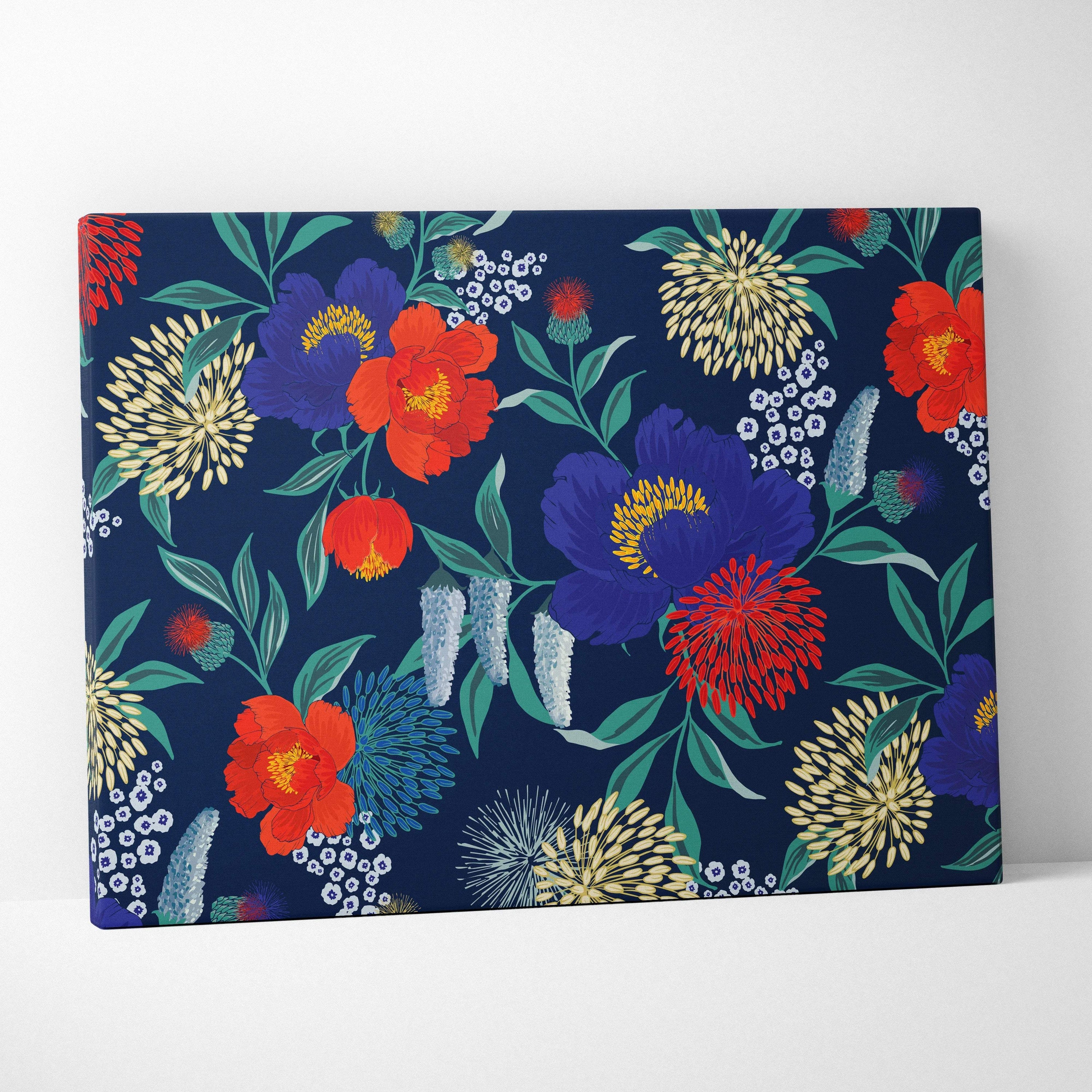 Bold floral canvas wall art with vibrant red blue blossoms on navy background