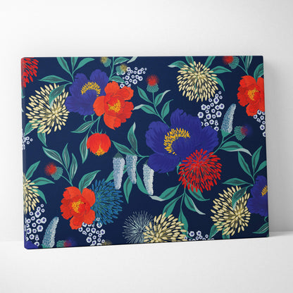 Bold floral canvas wall art with vibrant red blue blossoms on navy background