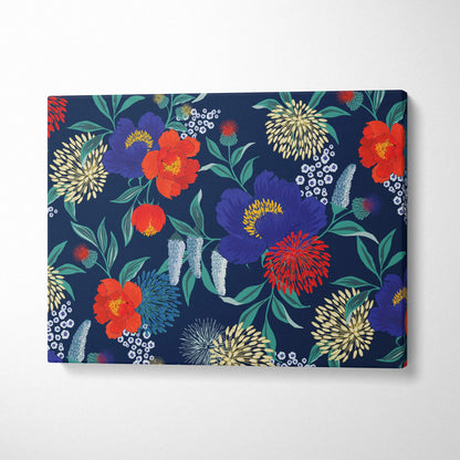 Bold floral canvas wall art with vibrant red, purple, yellow blossoms on navy background
