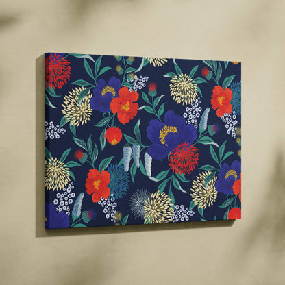 Bold floral canvas wall art with vibrant red, purple, yellow blossoms on navy
