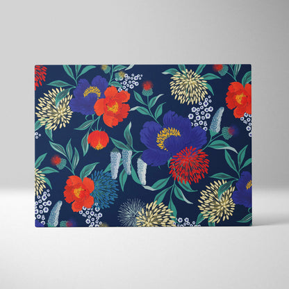 Bold floral navy canvas wall art with vibrant red purple yellow blossoms