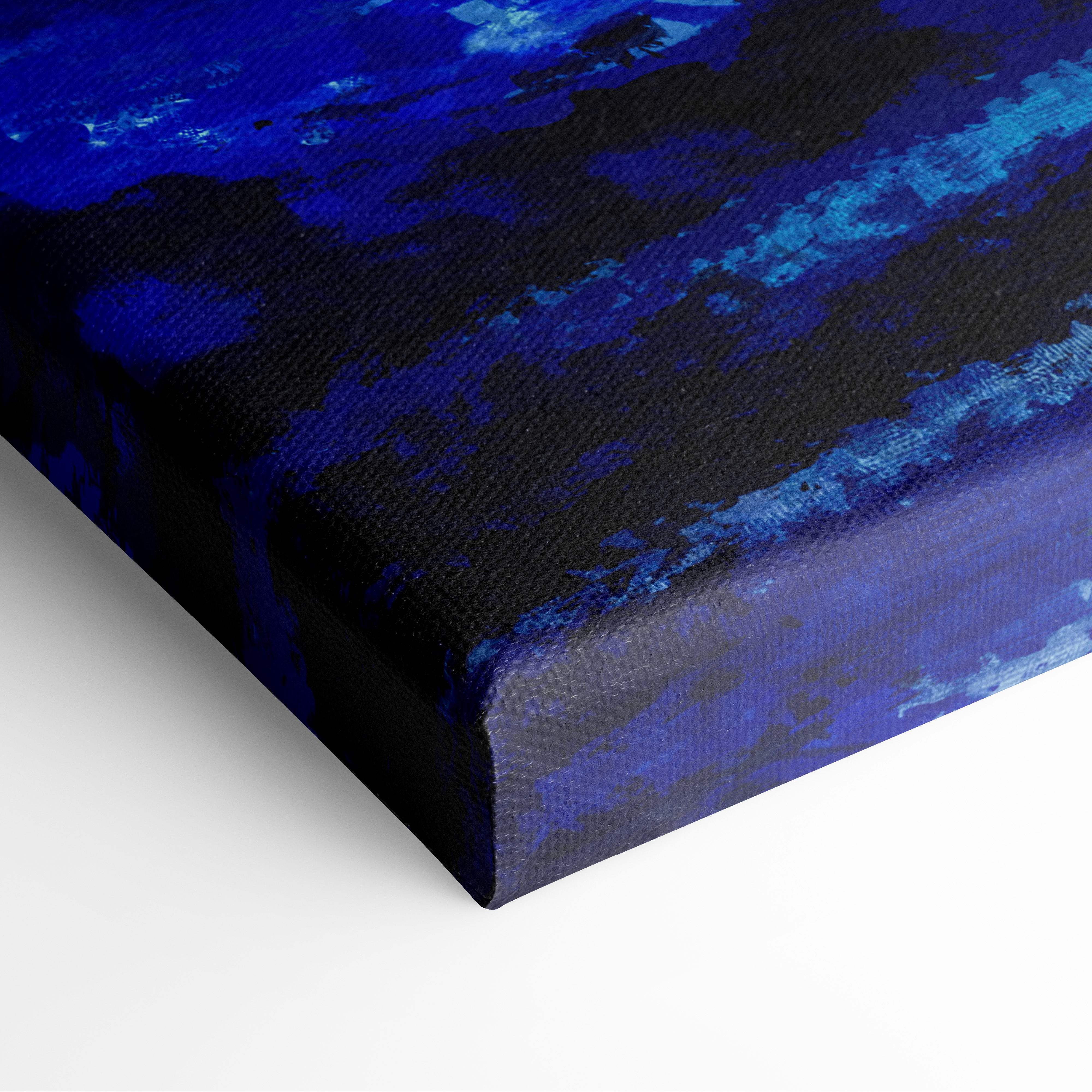Celestial blue dreamscape canvas wall art with deep navy and royal blue abstract brushstrokes in luminous cosmic design