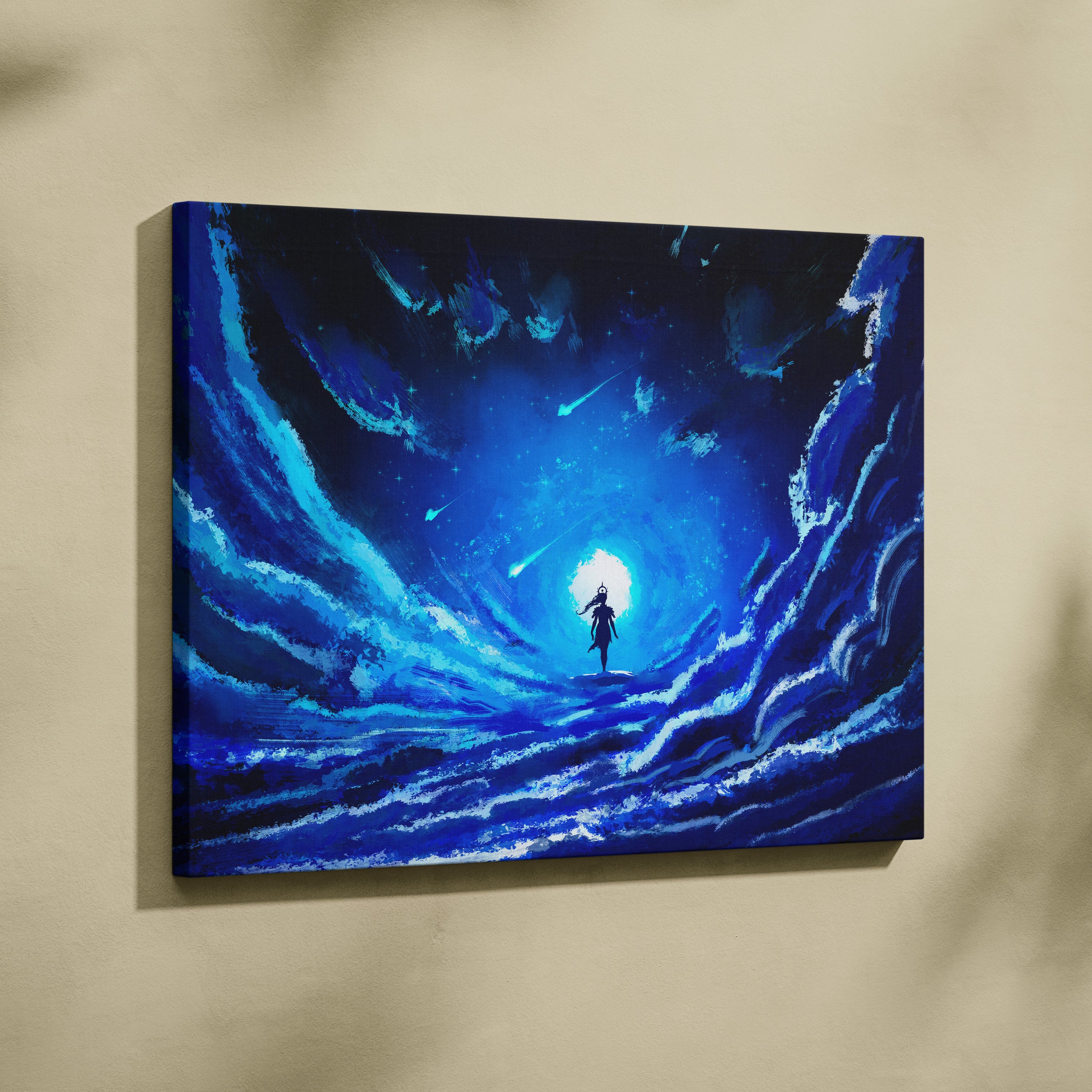 Celestial Blue Dreamscape Canvas Wall Art – Deep Ocean Sky Swirls, Luminous Cosmic Figure, Starfall Fantasy Illustration, Ethereal Nightscape Painting, Modern Mystical Decor Print