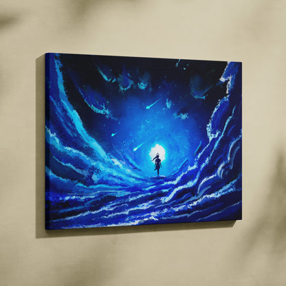 Celestial Blue Dreamscape Canvas Wall Art – Deep Ocean Sky Swirls, Luminous Cosmic Figure, Starfall Fantasy Illustration, Ethereal Nightscape Painting, Modern Mystical Decor Print