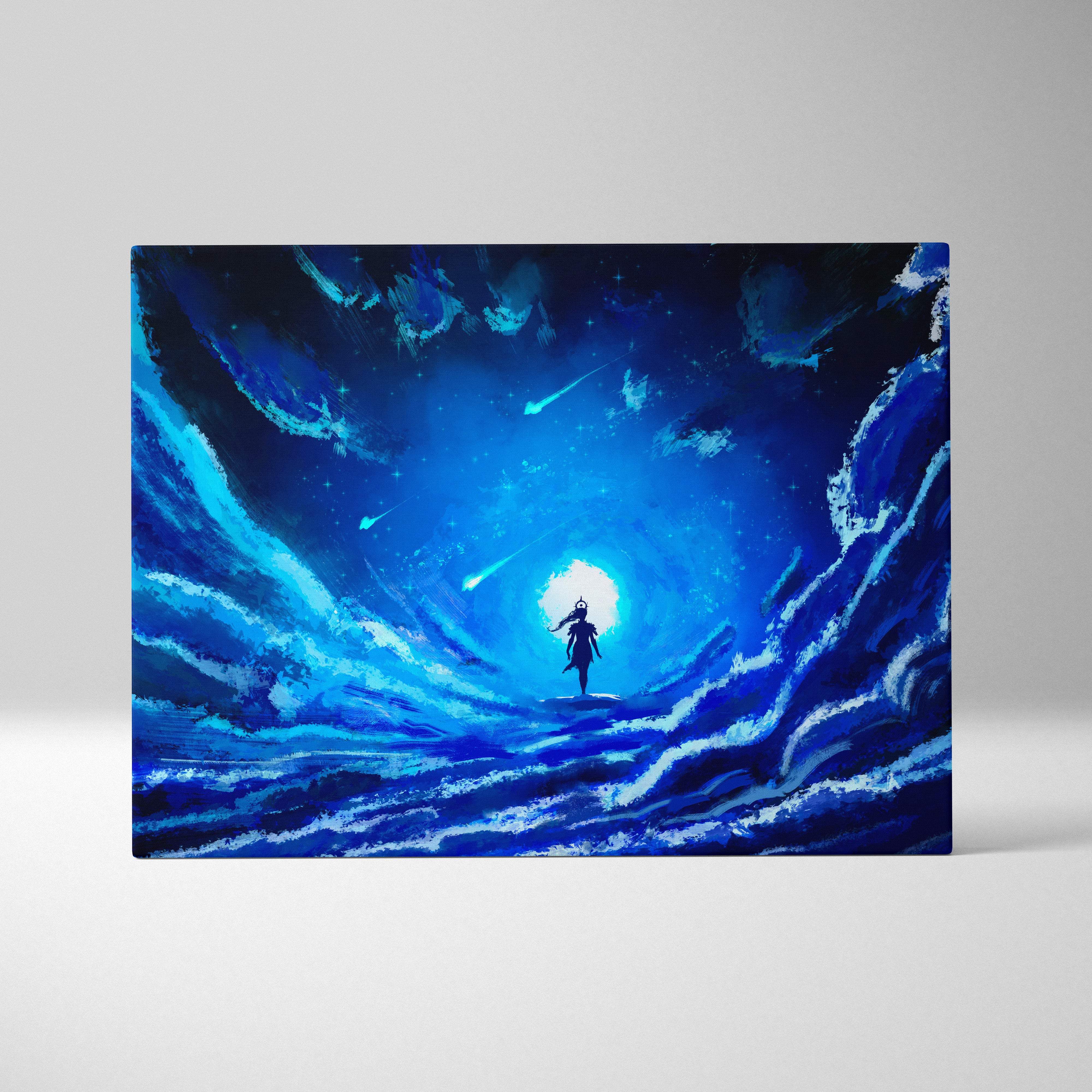 Celestial blue dreamscape canvas wall art with blue abstract cosmic waves and a luminous figure under celestial light