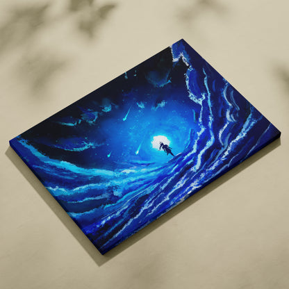 Celestial Blue Dreamscape Canvas Wall Art – Deep Ocean Sky Swirls, Luminous Cosmic Figure, Starfall Fantasy Illustration, Ethereal Nightscape Painting, Modern Mystical Decor Print