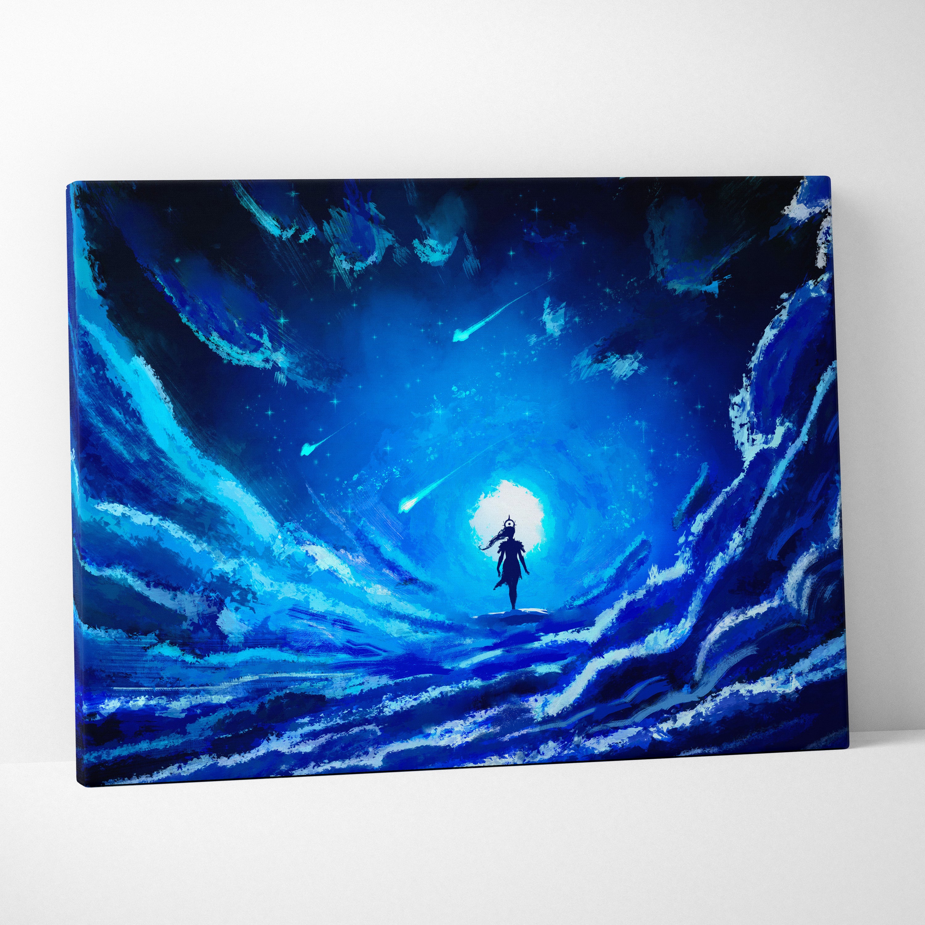 Celestial Blue Dreamscape Canvas Wall Art – Deep Ocean Sky Swirls, Luminous Cosmic Figure, Starfall Fantasy Illustration, Ethereal Nightscape Painting, Modern Mystical Decor Print