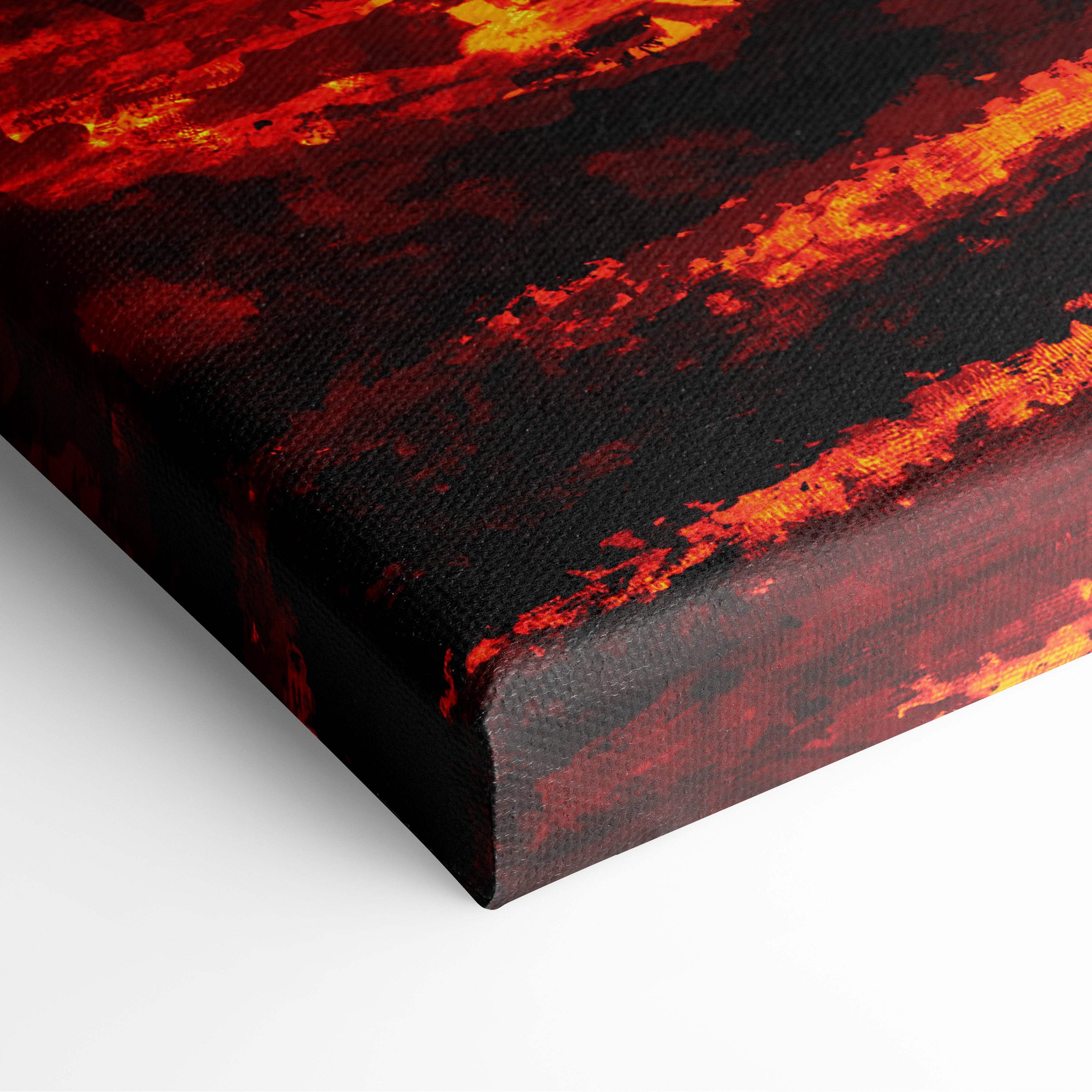 Fiery sunset sky canvas wall art with textured abstract fiery orange red flames and flying dragon silhouettes on black background