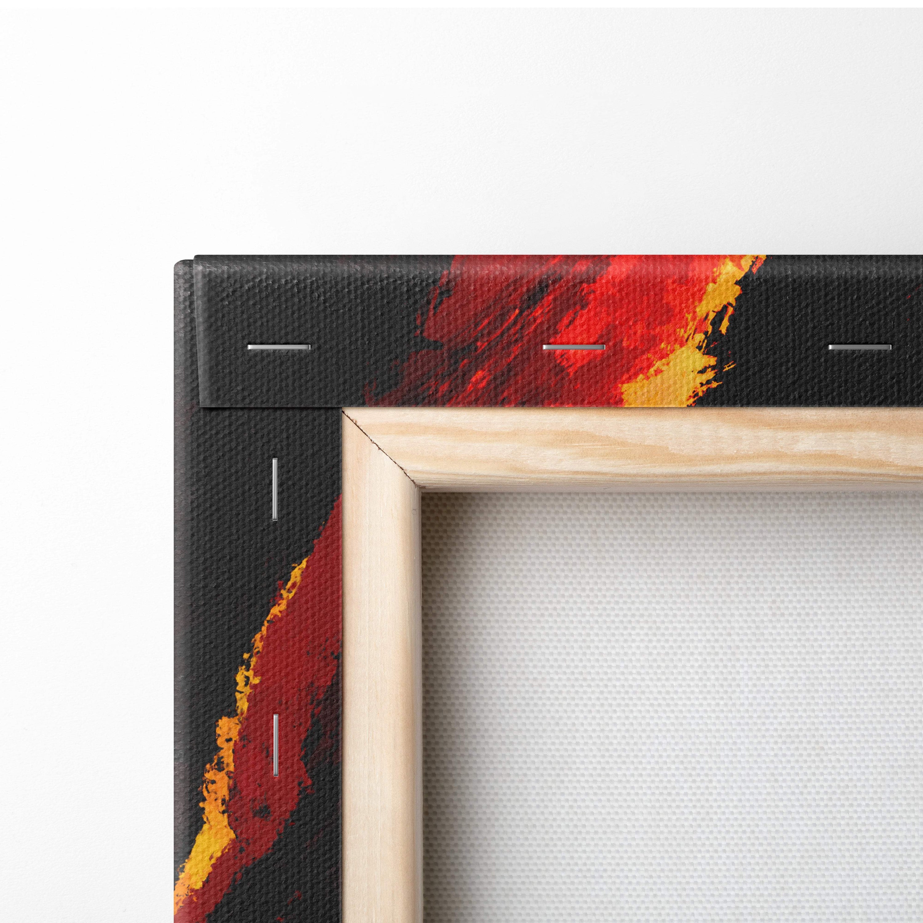 A framed abstract canvas painting with bold red and yellow brushstrokes on black in a light wood frame titled fiery sunset sky canvas wall art