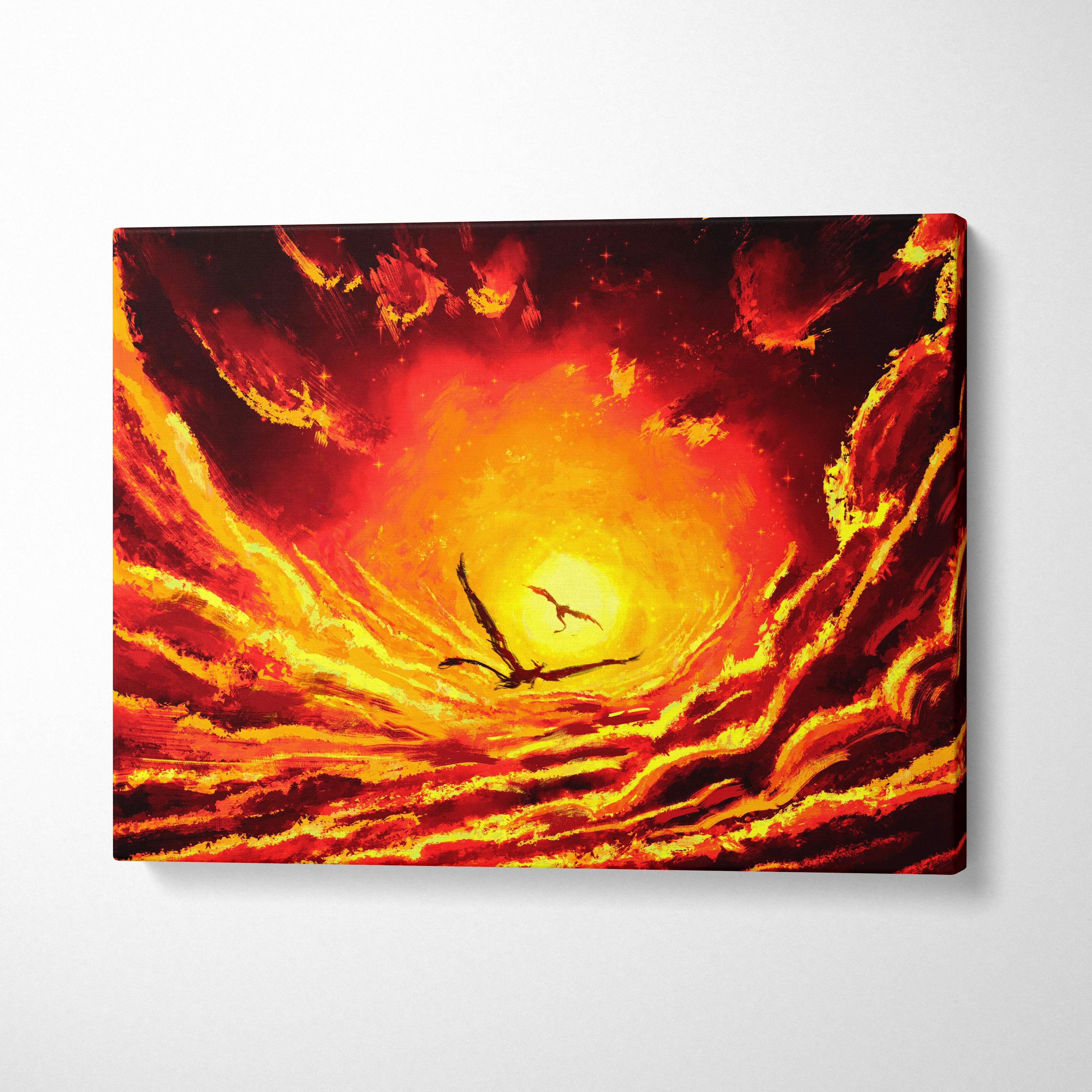 Vibrant fiery sunset sky canvas wall art with silhouetted flying dragons in bold red and golden swirling abstract landscape