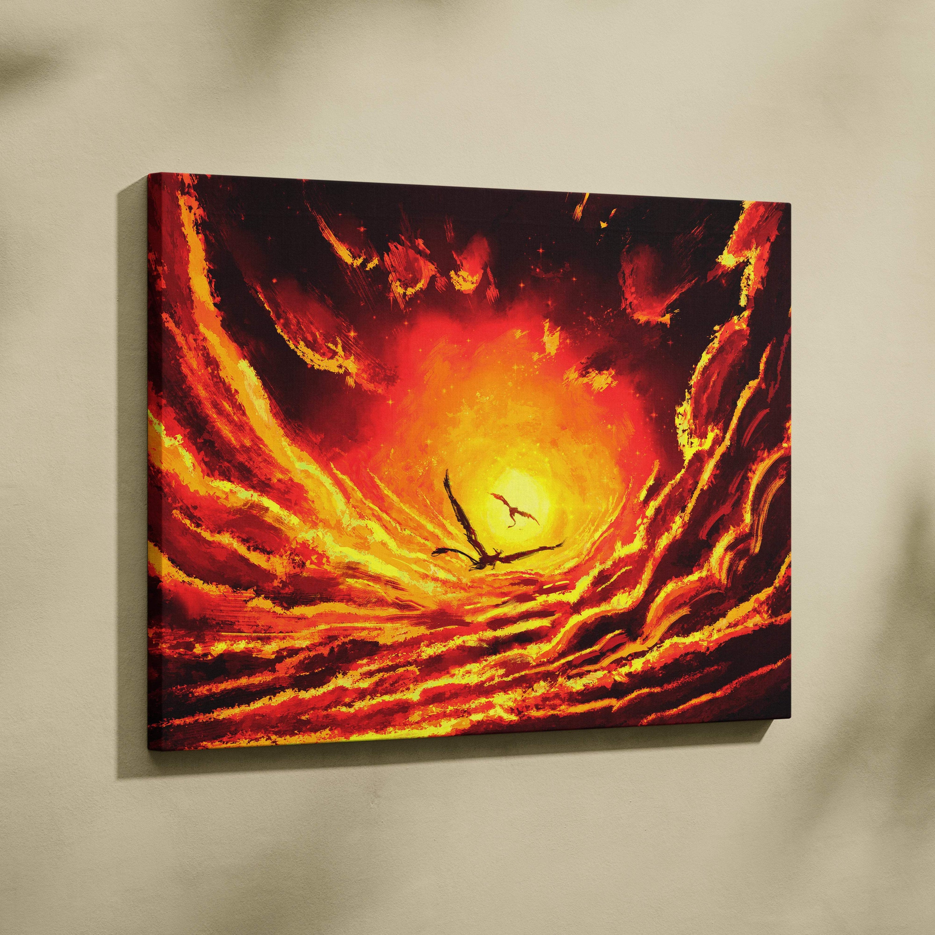 Vibrant canvas wall art featuring a fiery orange red swirling vortex with silhouetted birds flying toward a glowing center