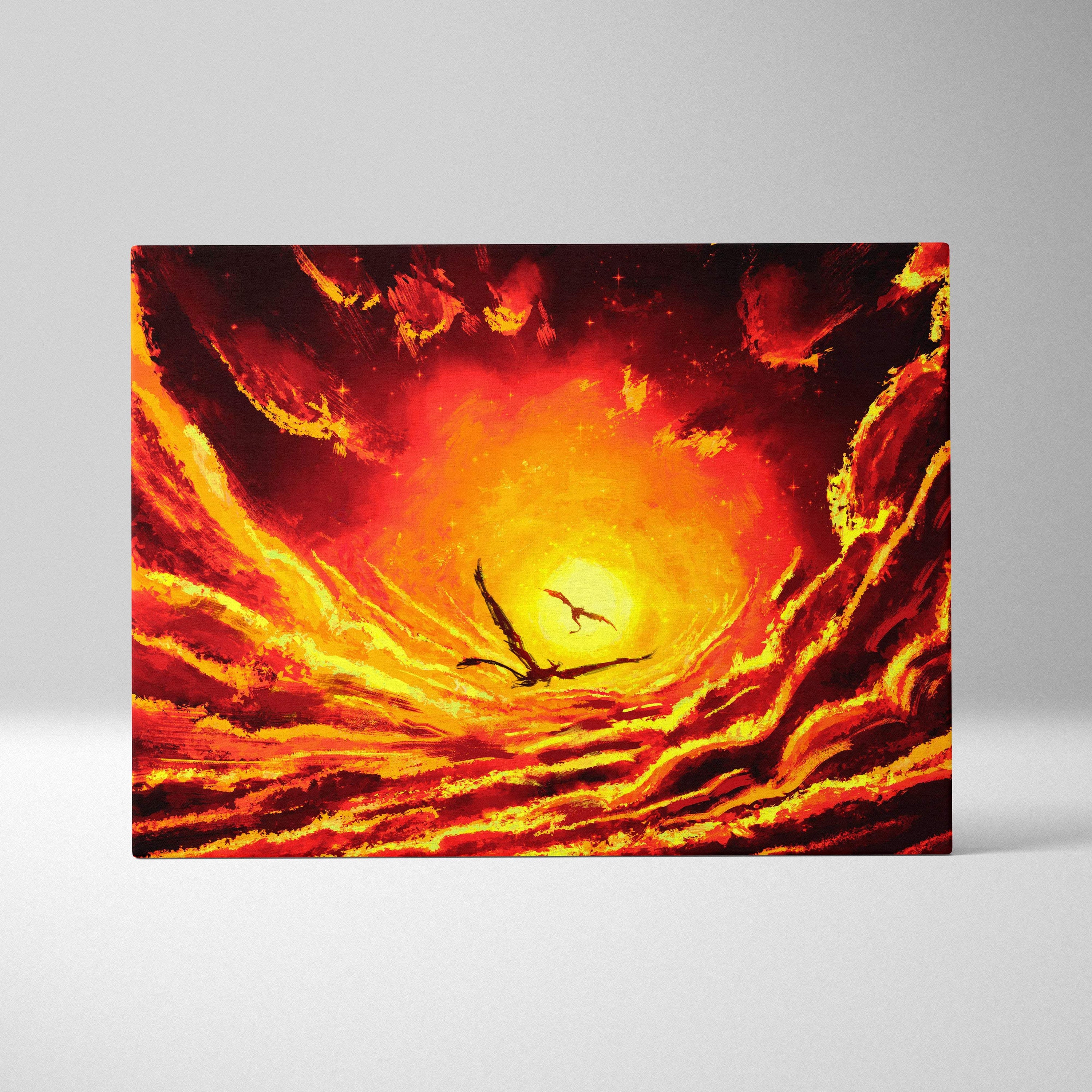 Vibrant canvas print of two silhouetted dragons flying over a fiery orange and red molten landscape wall art